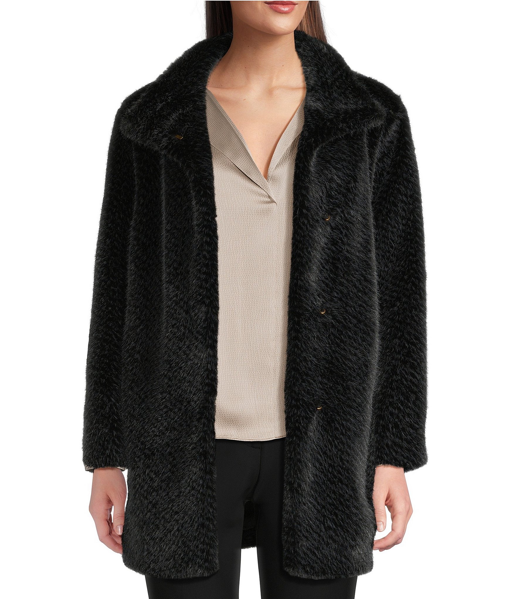 Donna Karan Faux Fur Stand Collar Button Front Coat