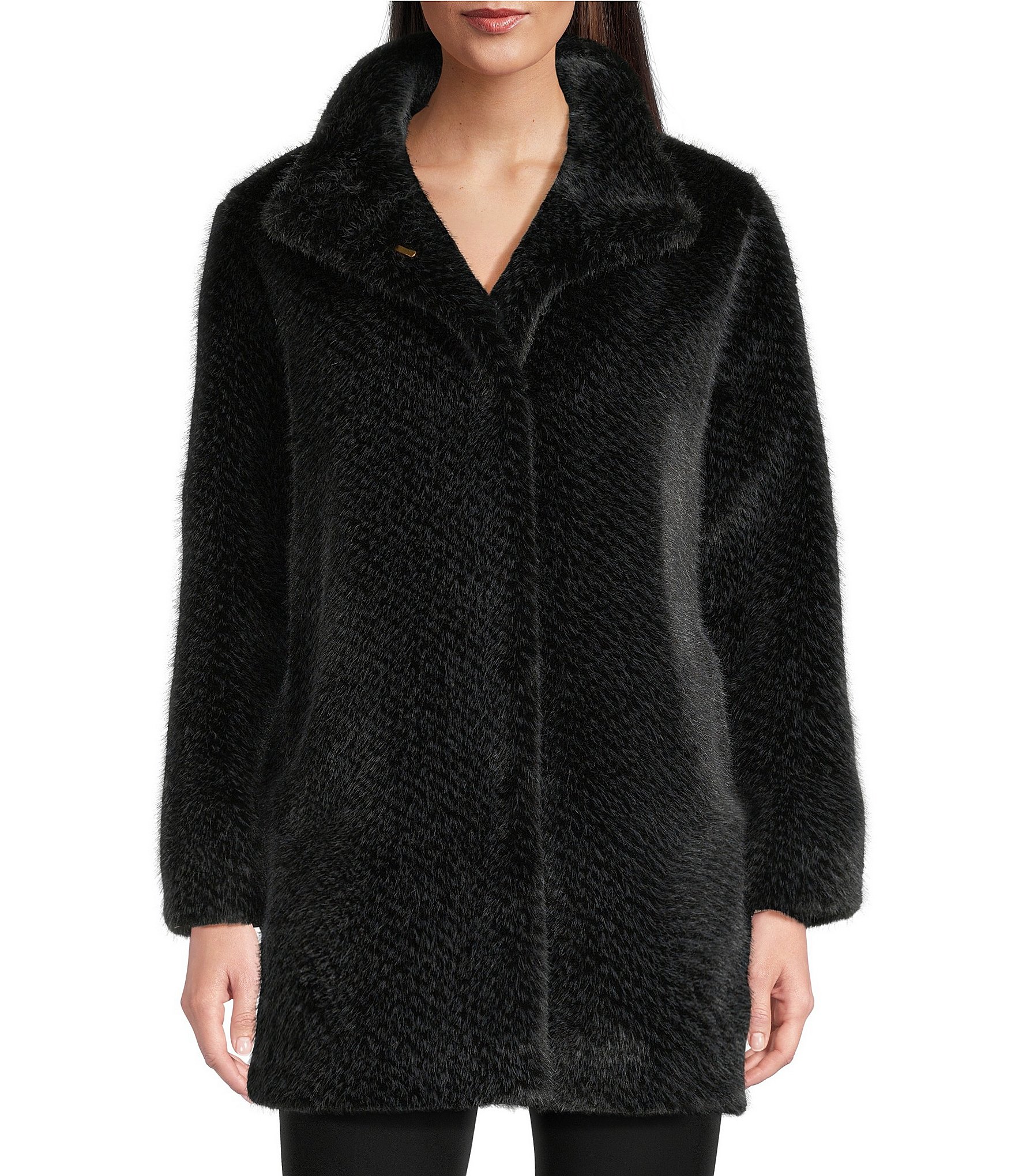 Donna Karan Faux Fur Stand Collar Button Front Coat