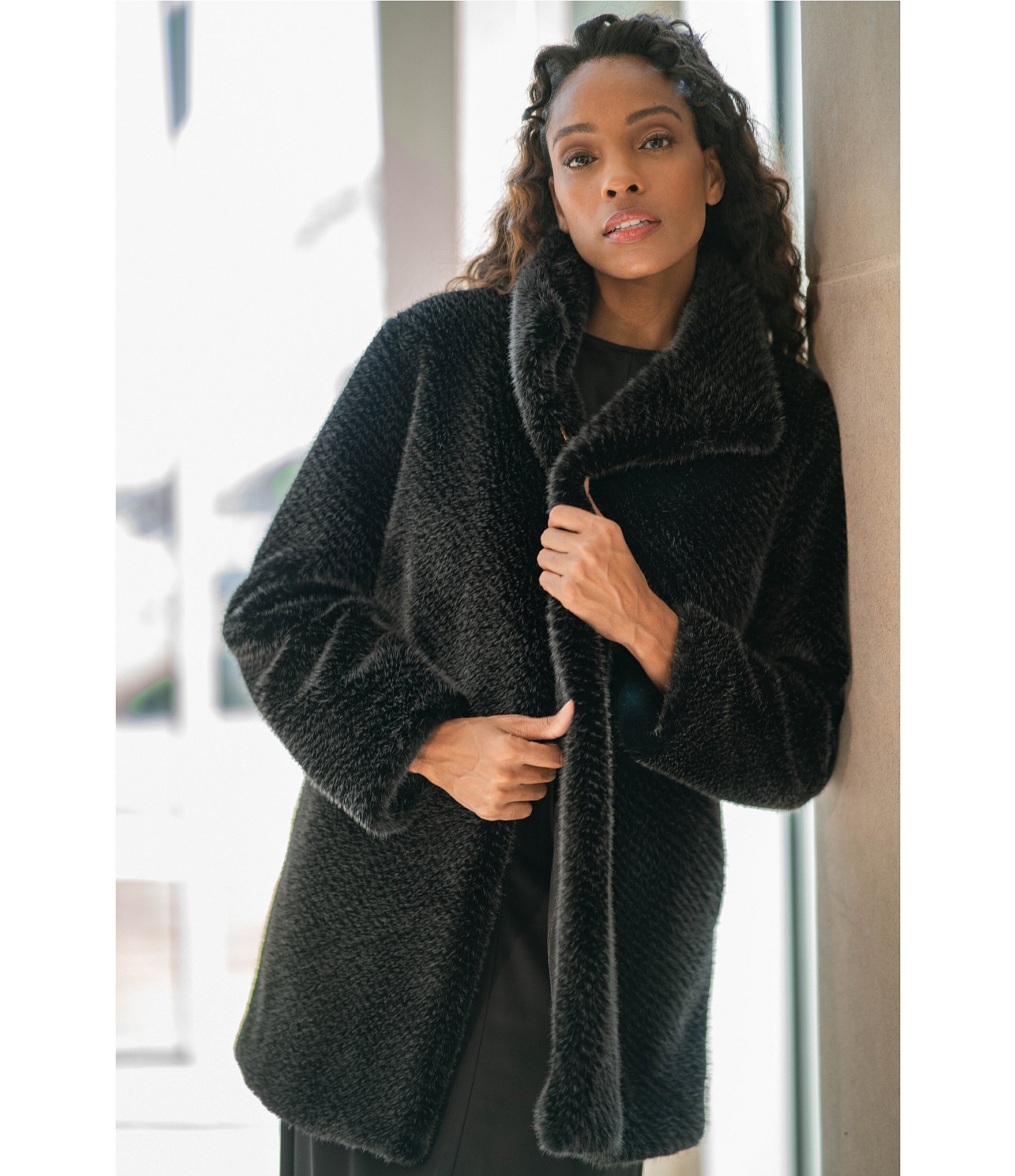 Donna Karan Faux Fur Stand Collar Button Front Coat