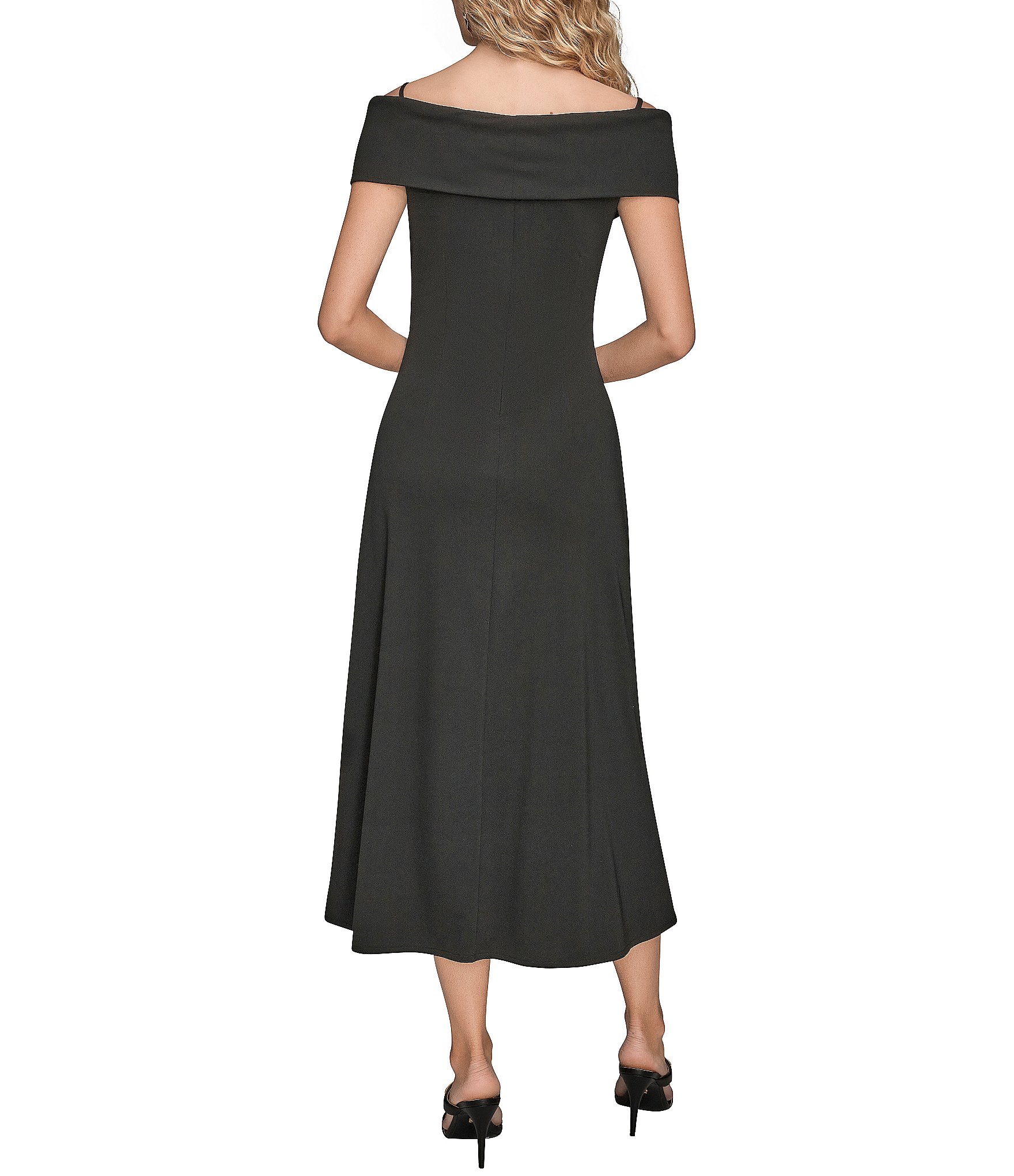 Donna Karan Filament Jersey Off The Shoulder Short Sleeve A-Line Midi Dress