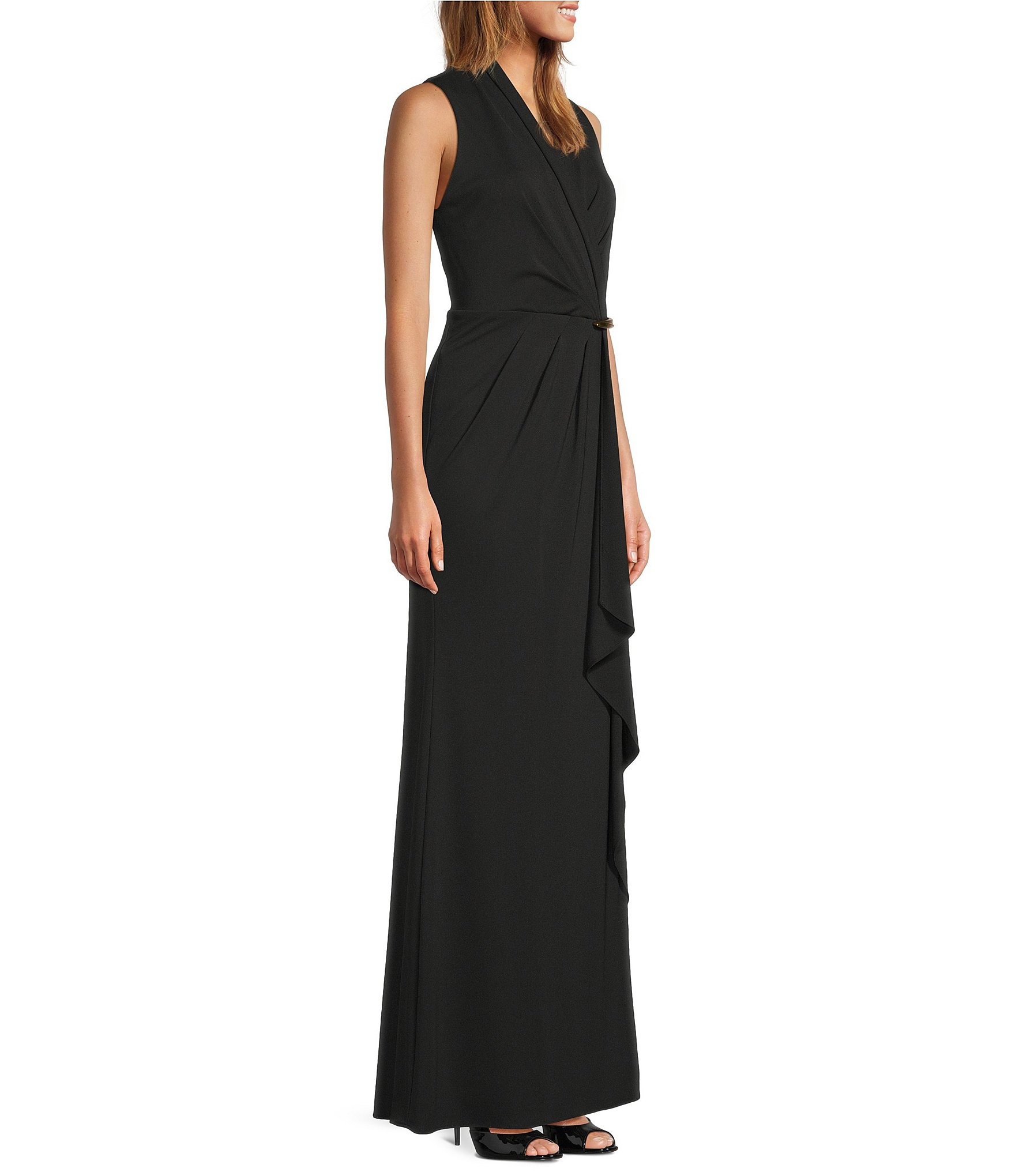 Donna Karan Filament Jersey Wrap V-Neck Sleeveless Long Sheath Gown