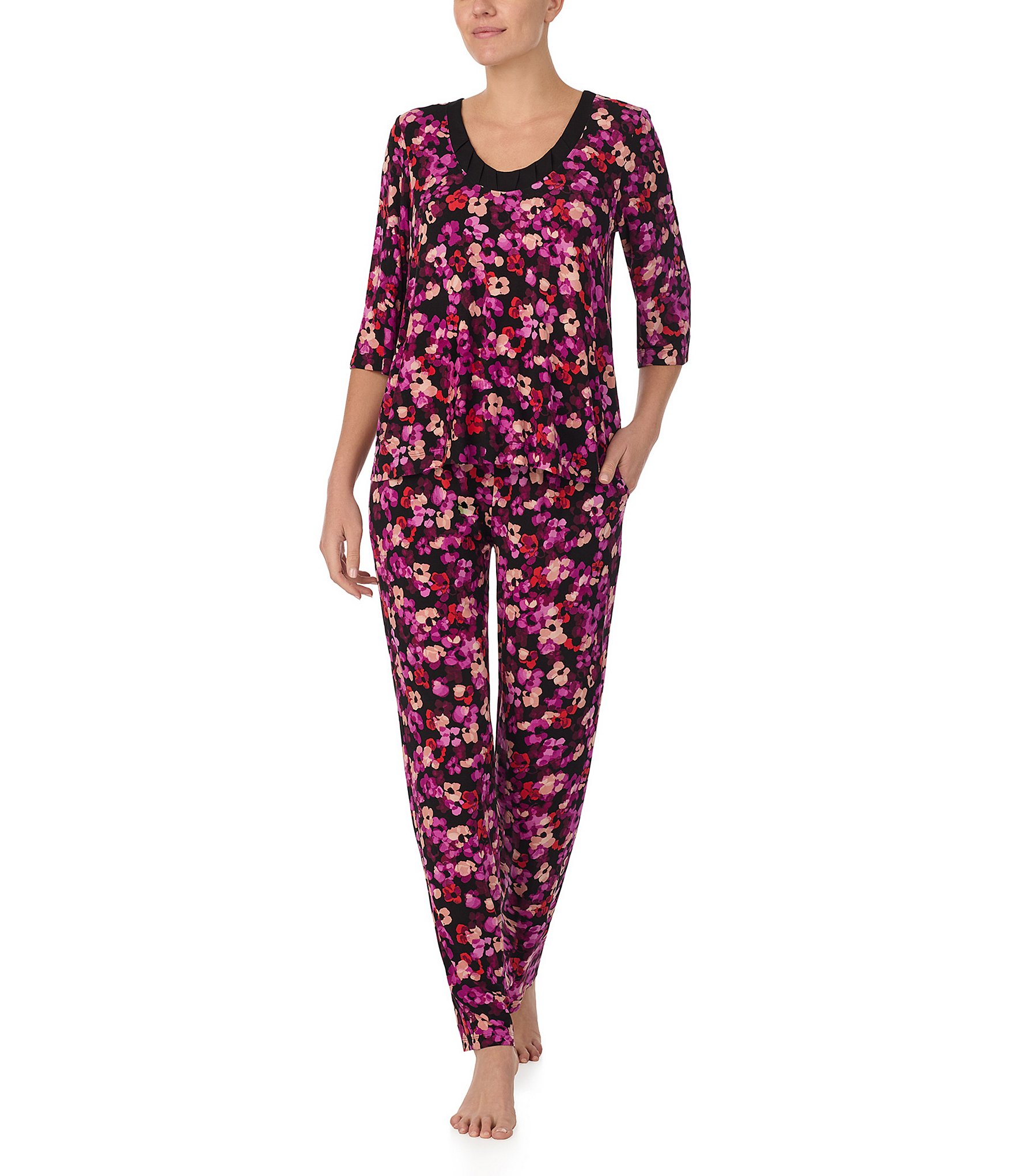 Donna Karan Floral Jersey Knit 3/4 Sleeve Scoop Neck Pajama Set