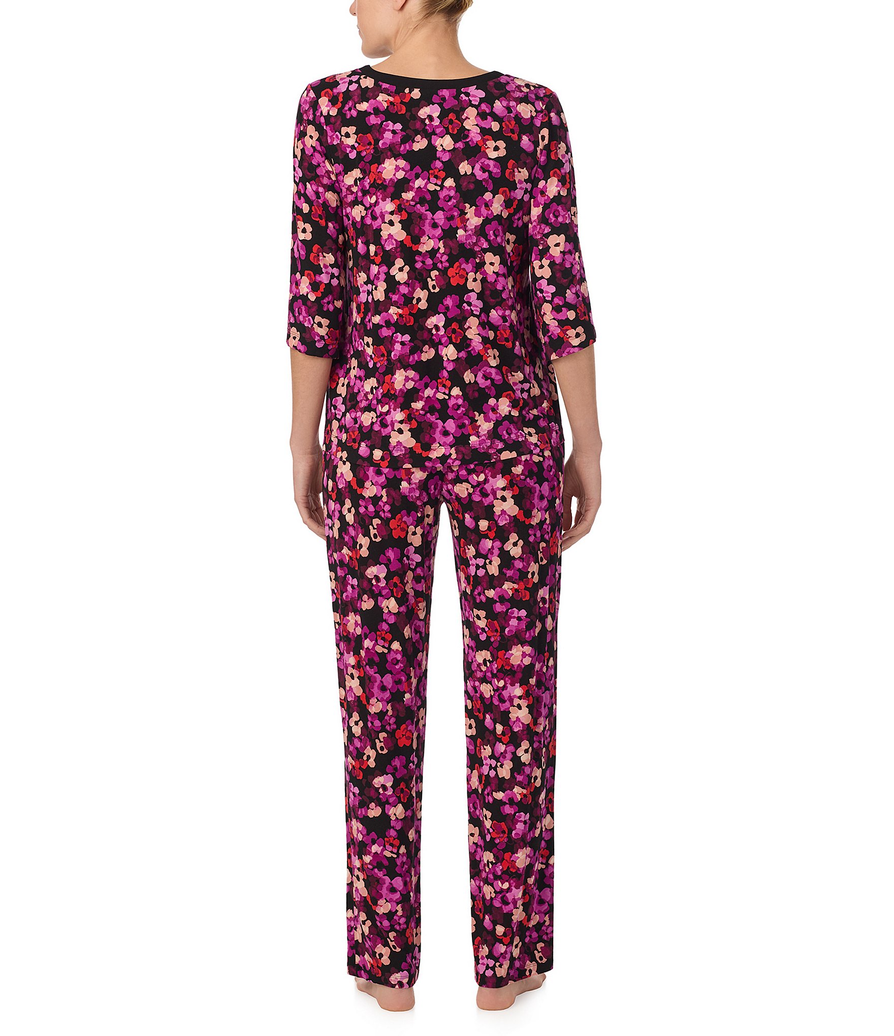 Donna Karan Floral Jersey Knit 3/4 Sleeve Scoop Neck Pajama Set