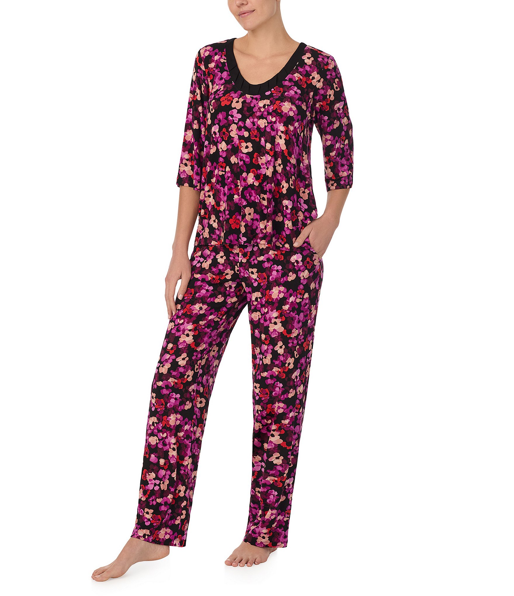 Donna Karan Floral Jersey Knit 3/4 Sleeve Scoop Neck Pajama Set