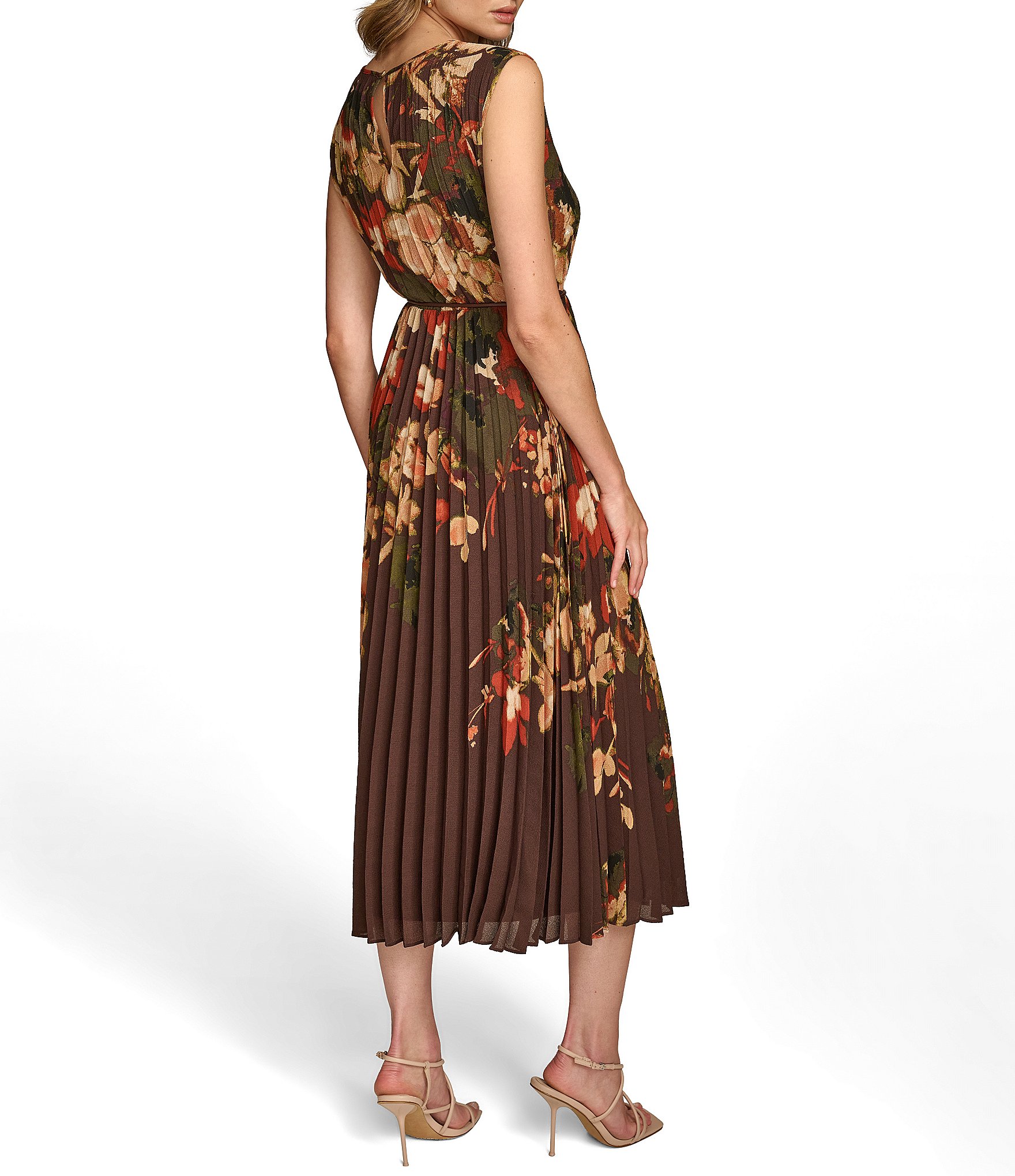 Donna Karan Floral Print Chiffon Crew Neck Short Sleeve Belted Midi Dress