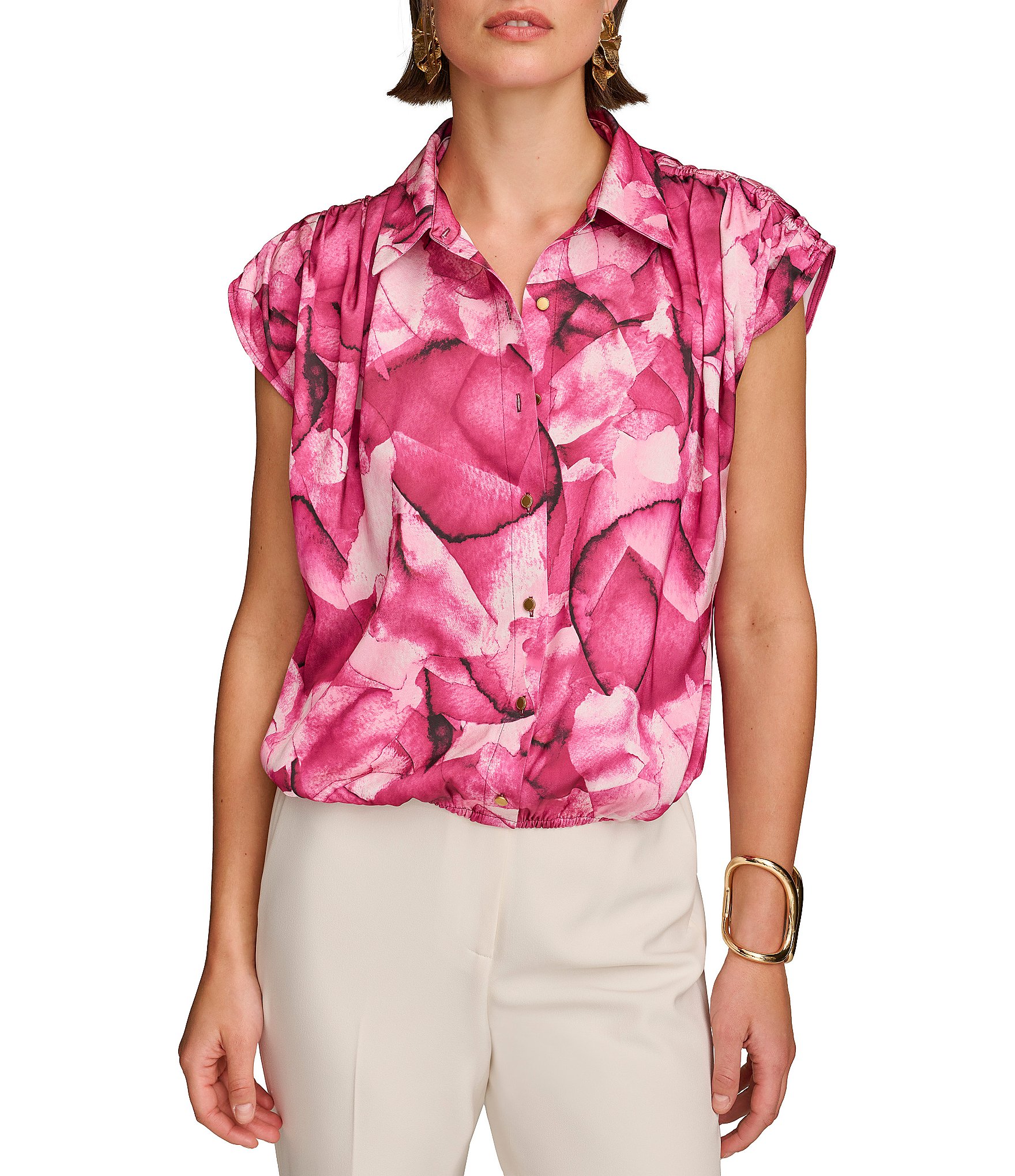 Donna Karan Floral Print Collared Neckline Ruched Cap Sleeve Blouse ...