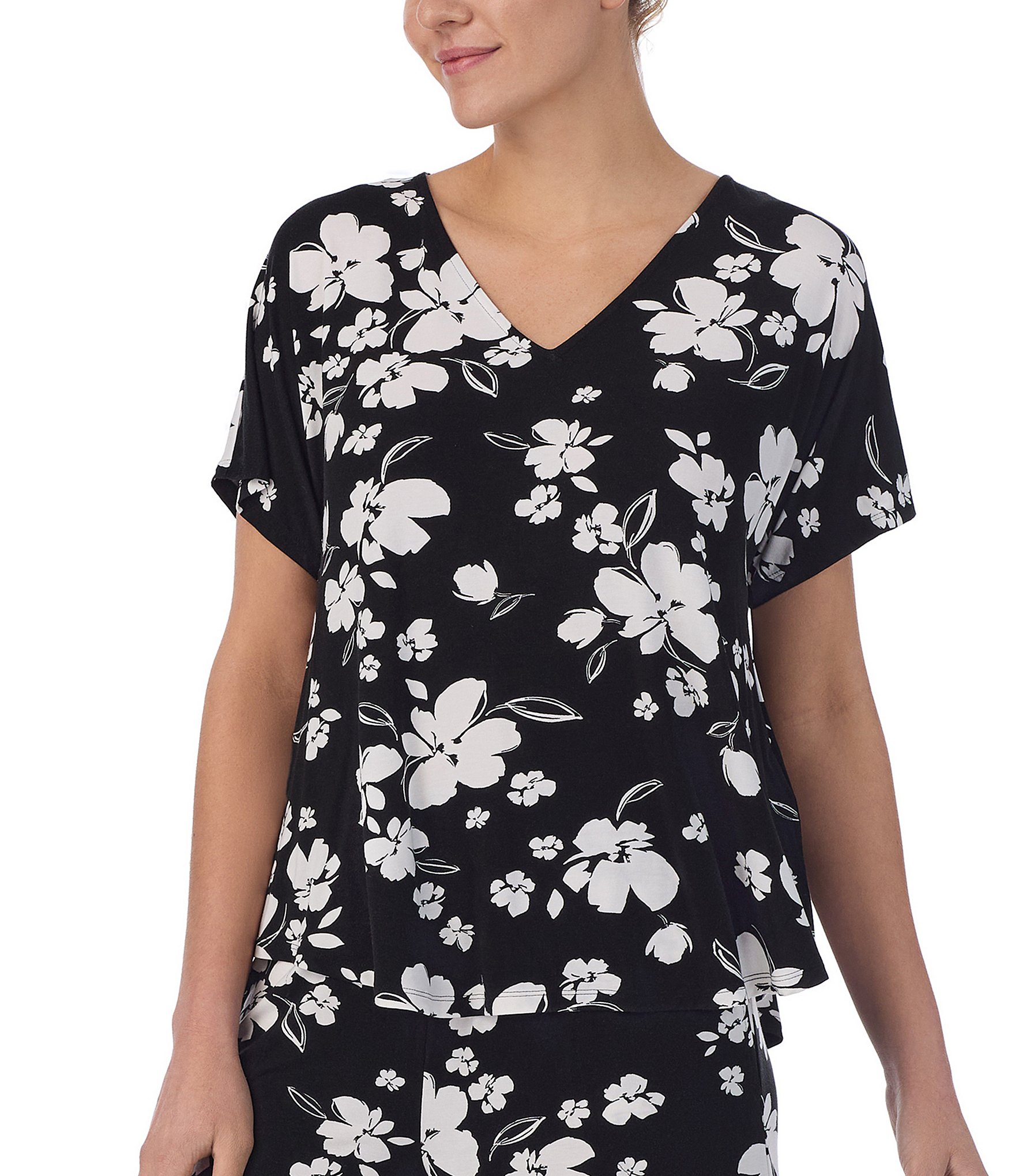 Donna Karan Floral Short Sleeve Jersey Knit Coordinating Lounge Top