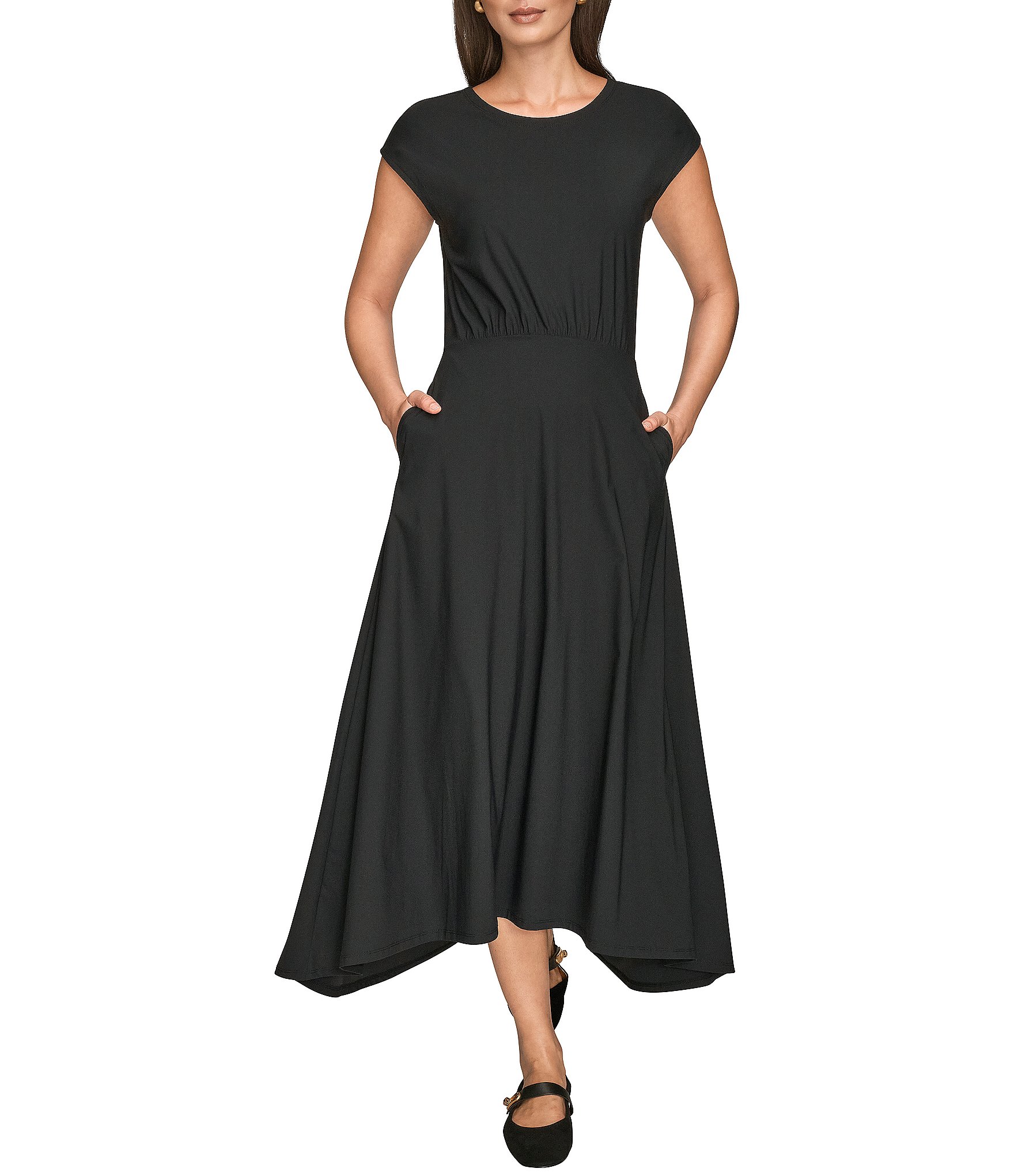 Donna Karan Four Way Stretch Knit Cap Sleeve Maxi Flare Dress