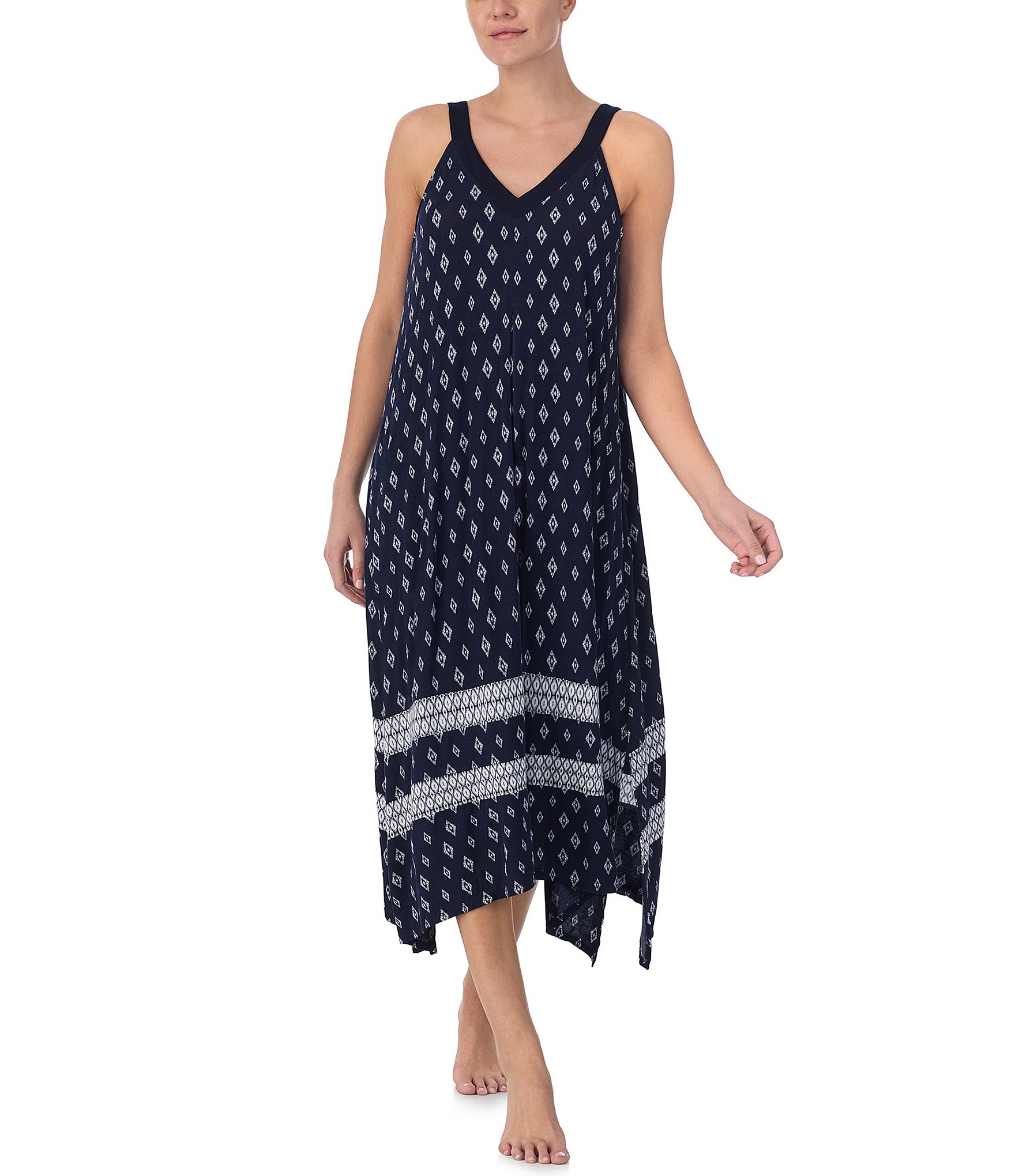 Donna Karan Geometric Printed Sleeveless V Neck Jersey Knit Maxi ...