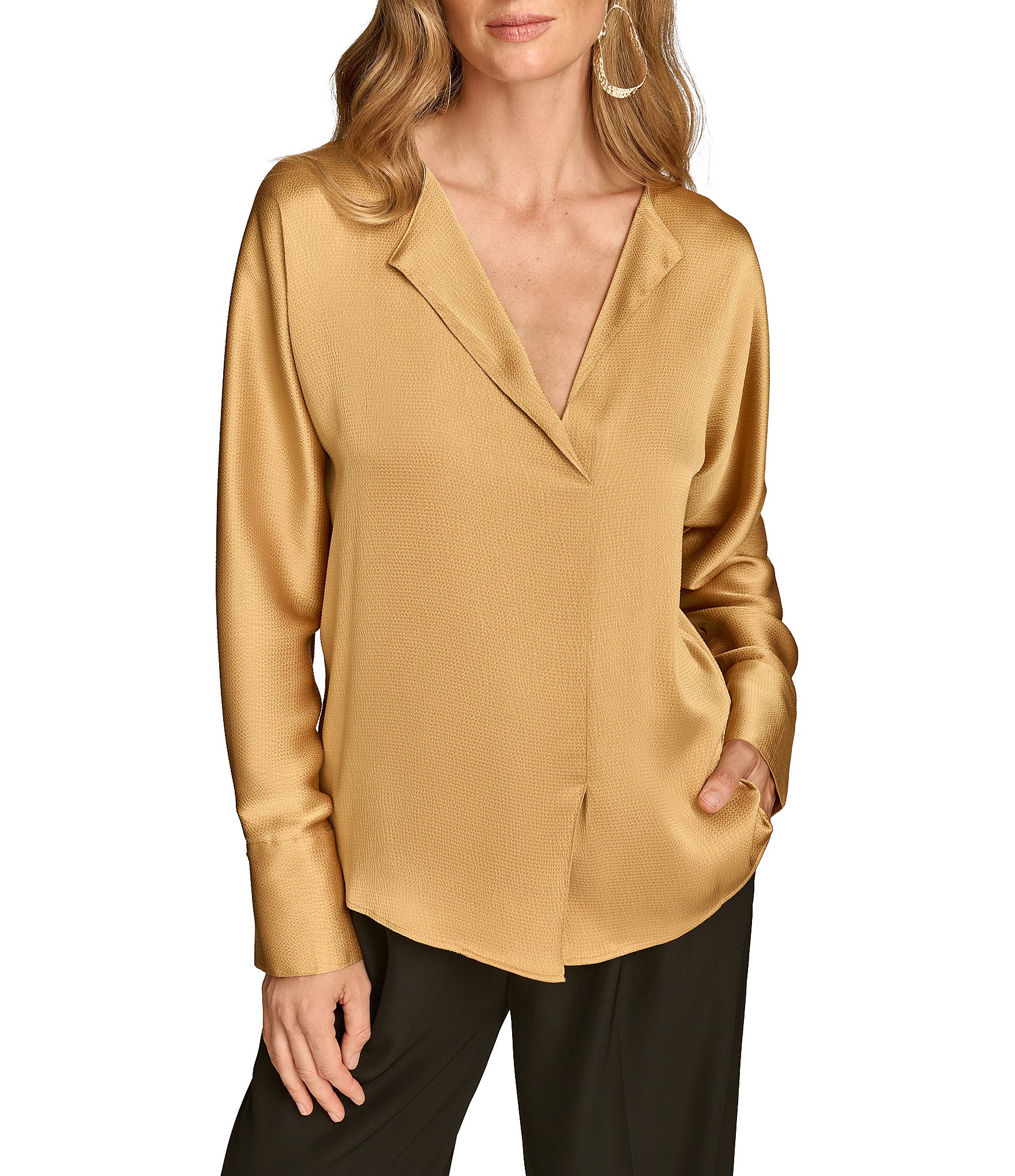 Donna Karan Hammered Satin V Neck Long Sleeve Popover Blouse Dillards