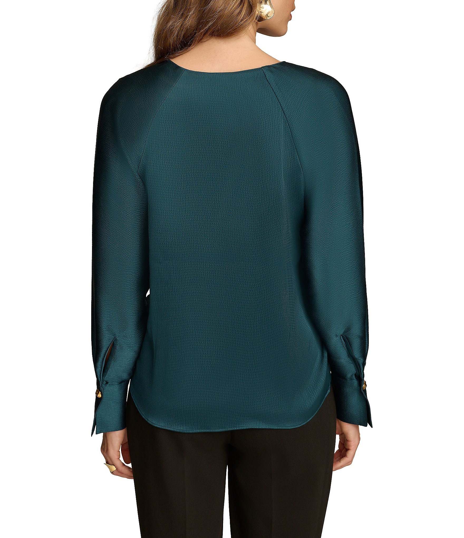 Donna Karan Hammered Satin V-Neck Long Sleeve Top