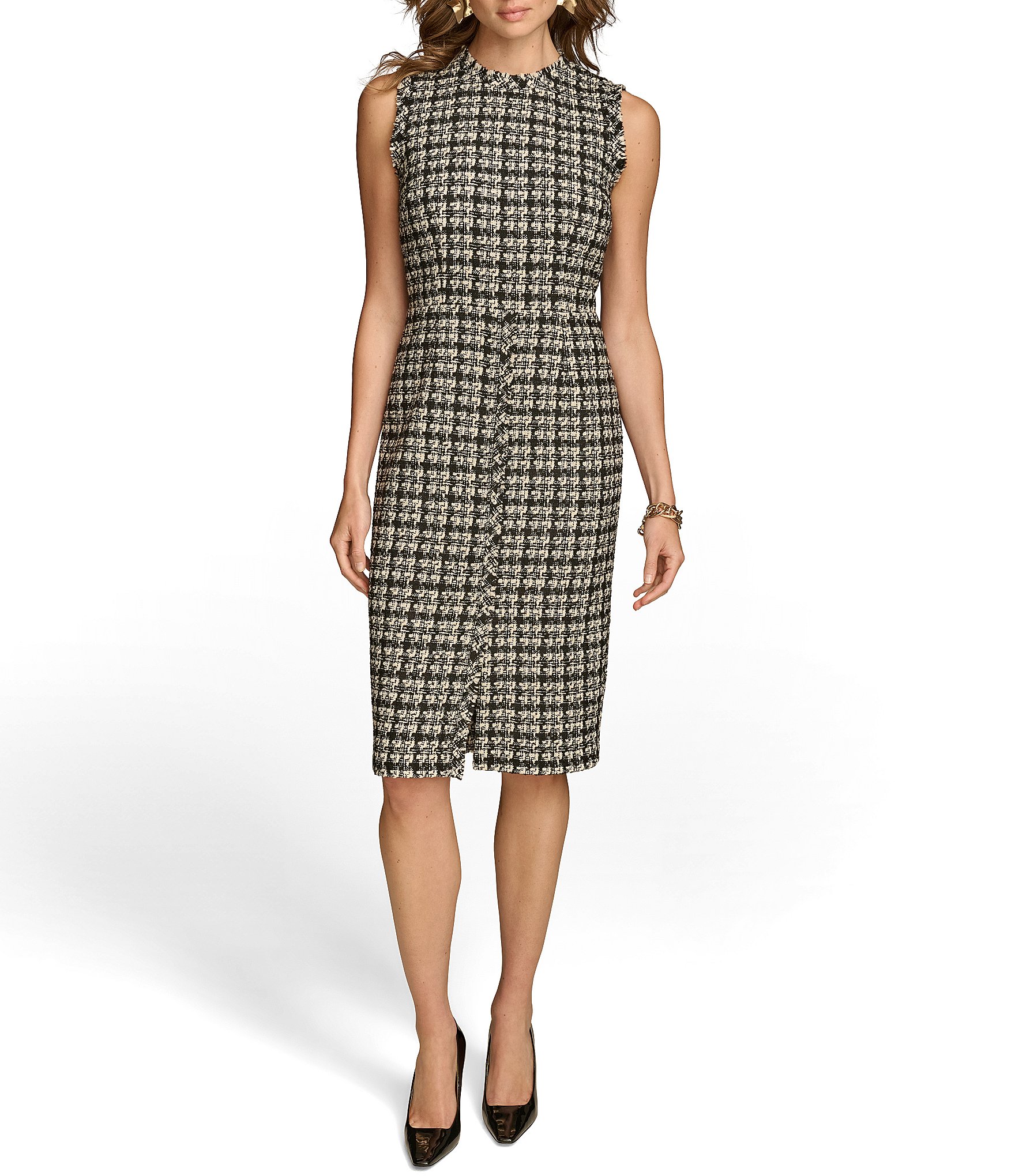 Donna Karan Houndstooth Metallic Tweed Crew Neck Sleeveless Sheath Dress Dillard s