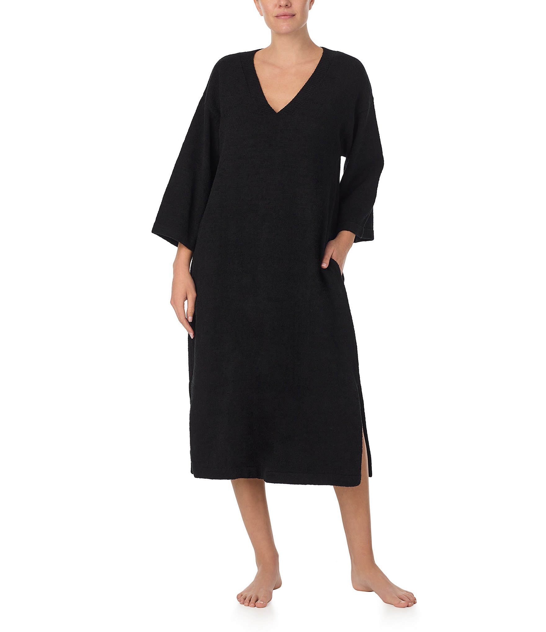 Donna Karan Knit 3/4 Sleeve V-Neck Midi Lounge Dress