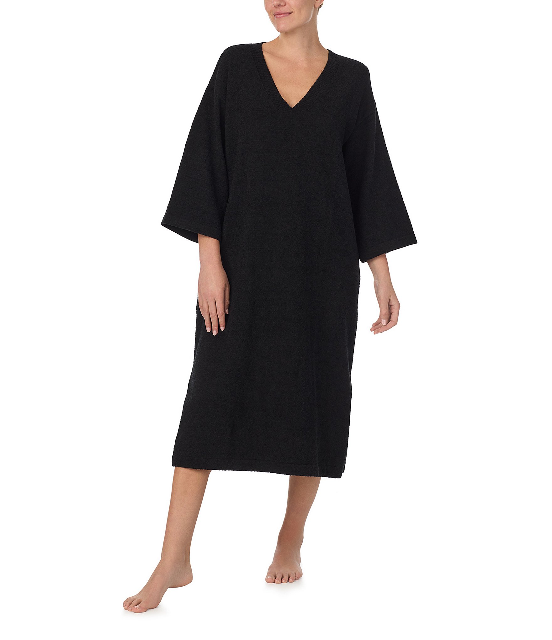 Donna Karan Knit 3/4 Sleeve V-Neck Midi Lounge Dress