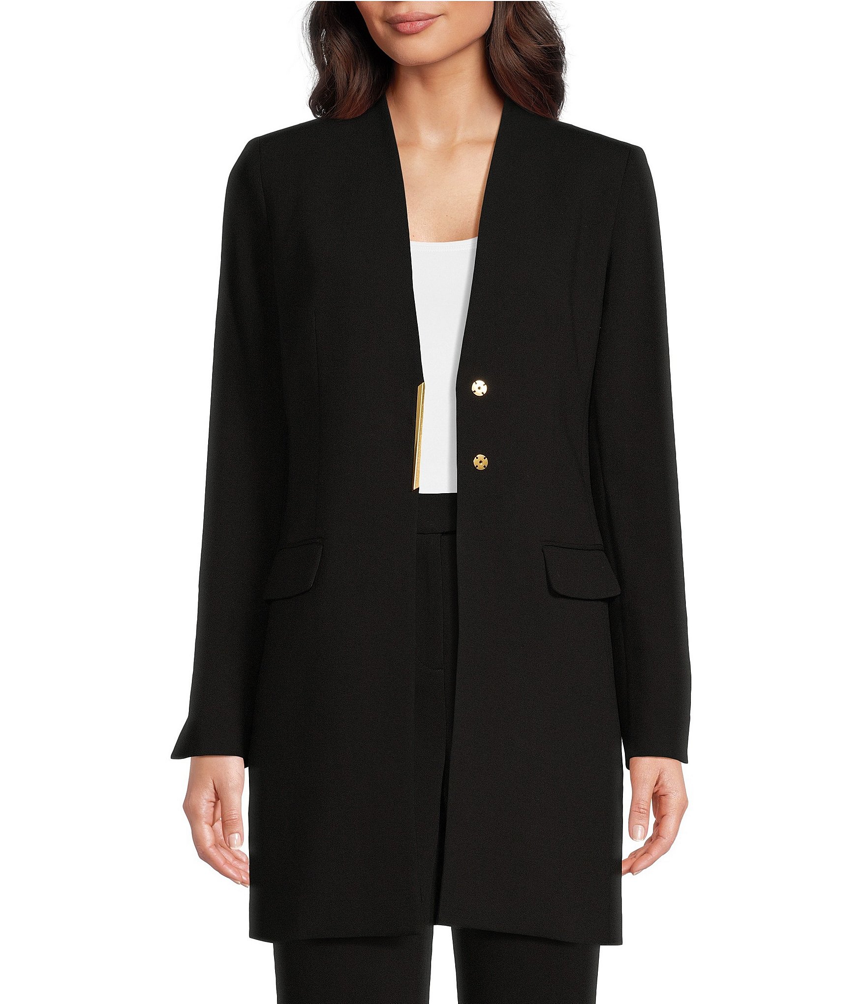 Donna Karan Knit Collarless Long Sleeve Snap Front Topper Jacket | Dillard's