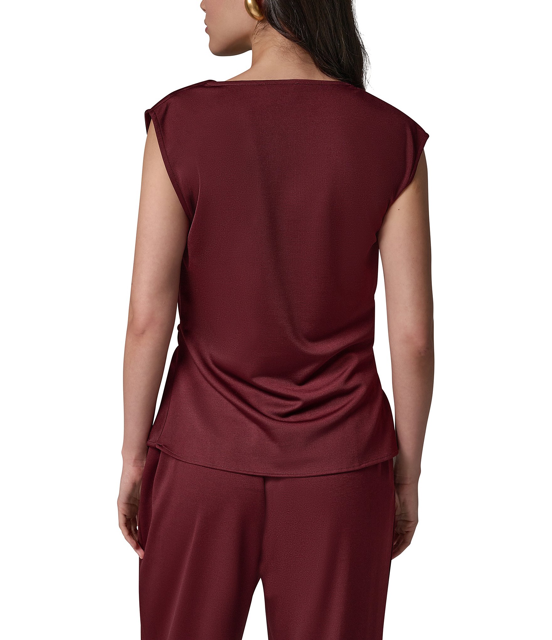 Donna Karan Knit Cowl Neck Cap Sleeve Draped Front With Side Hardware Top