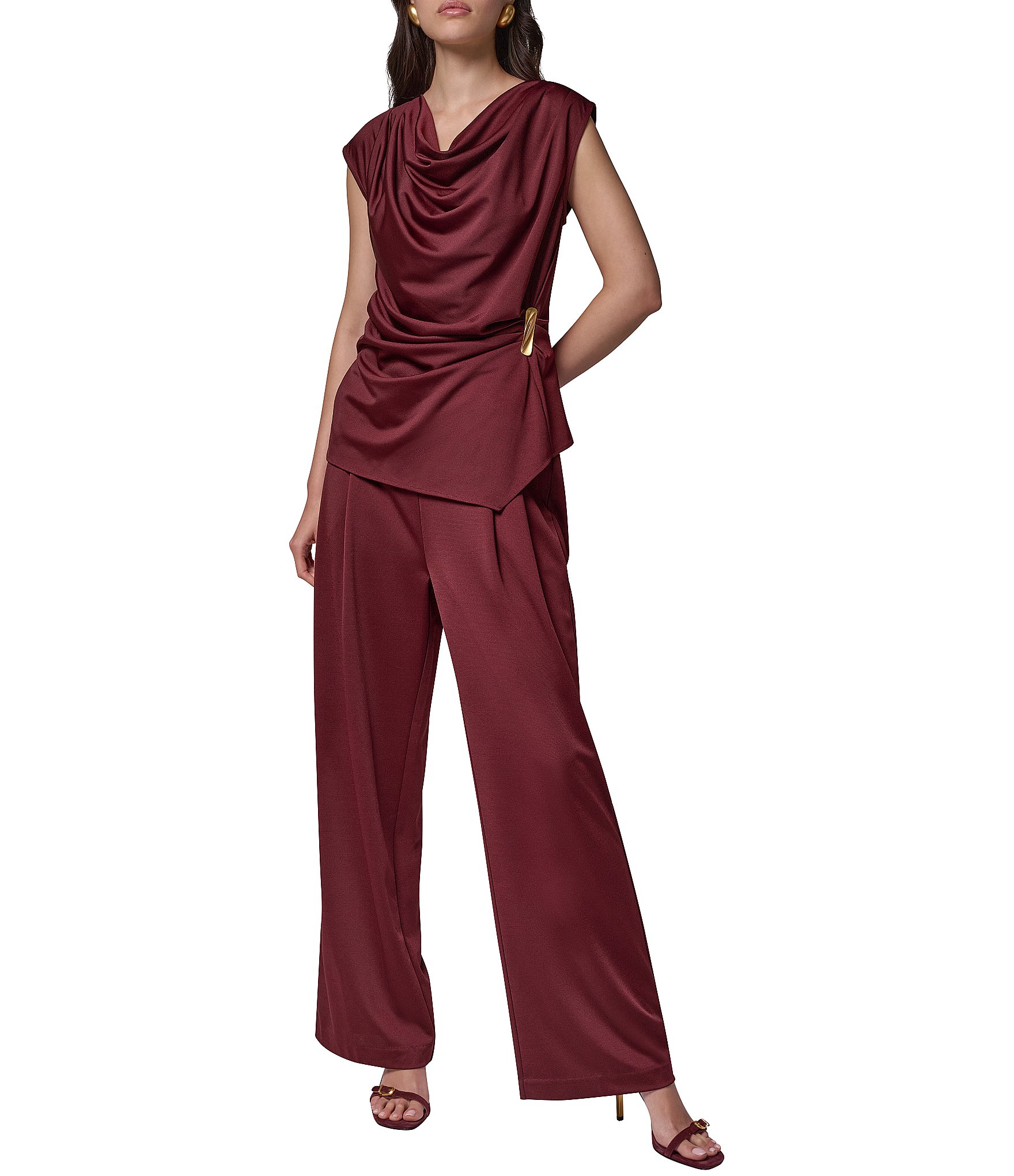 Donna Karan Knit Cowl Neck Cap Sleeve Draped Front With Side Hardware Top