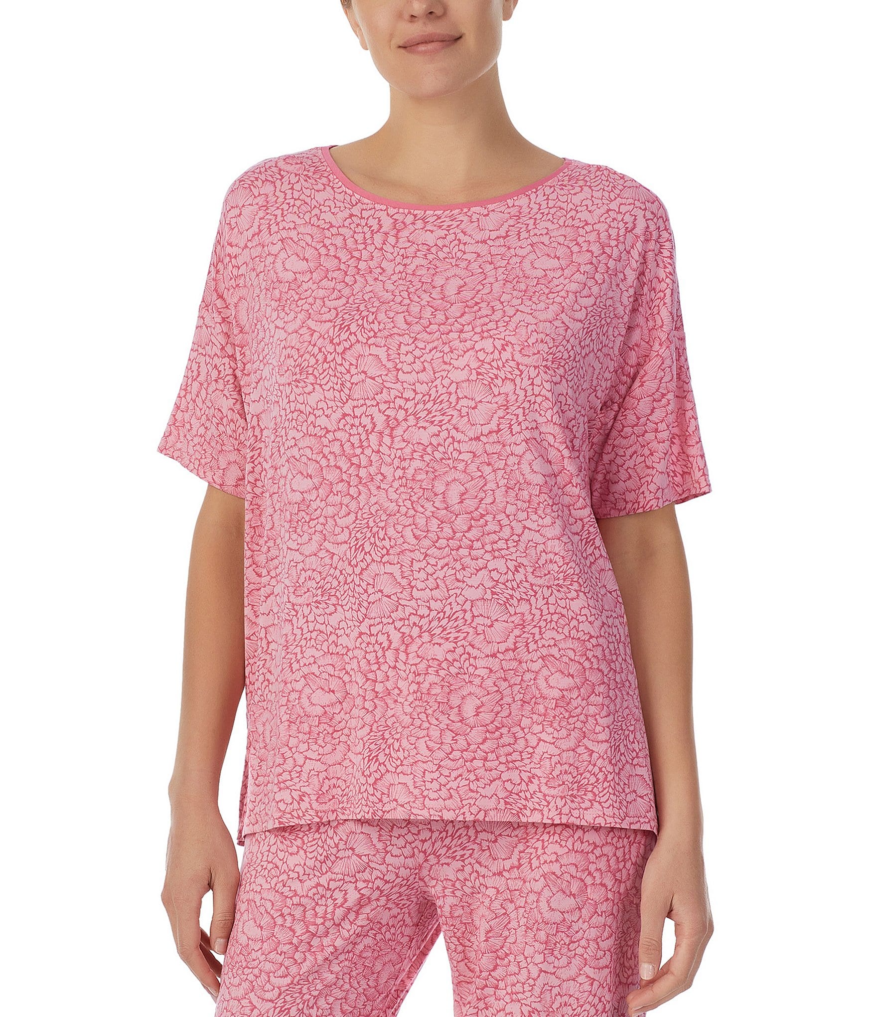 Donna Karan Knit Floral Print Short Sleeve Coordinating Lounge Top ...