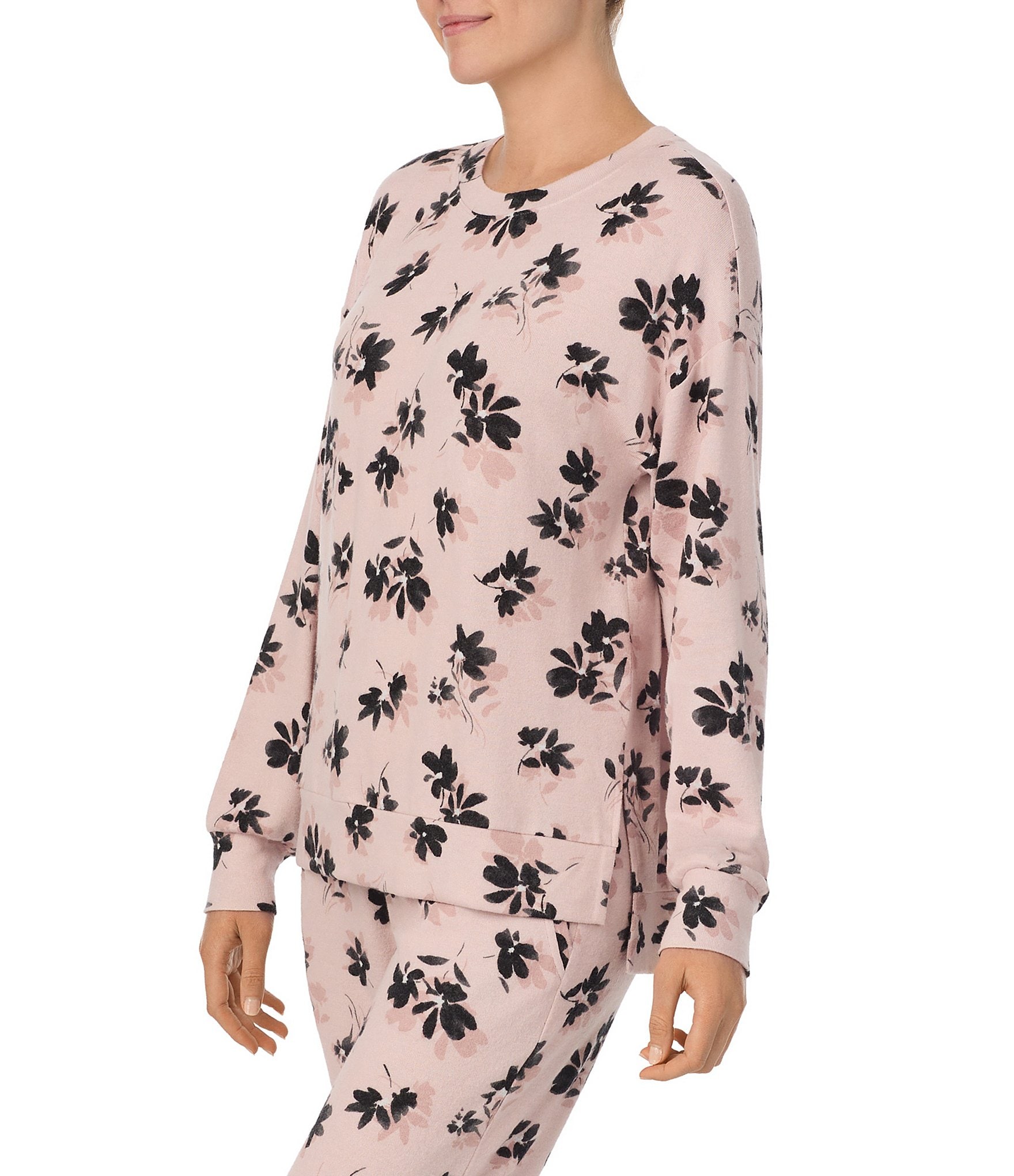 Donna Karan Knit Long Sleeve Round Neck Coordinating Floral Print Lounge Top