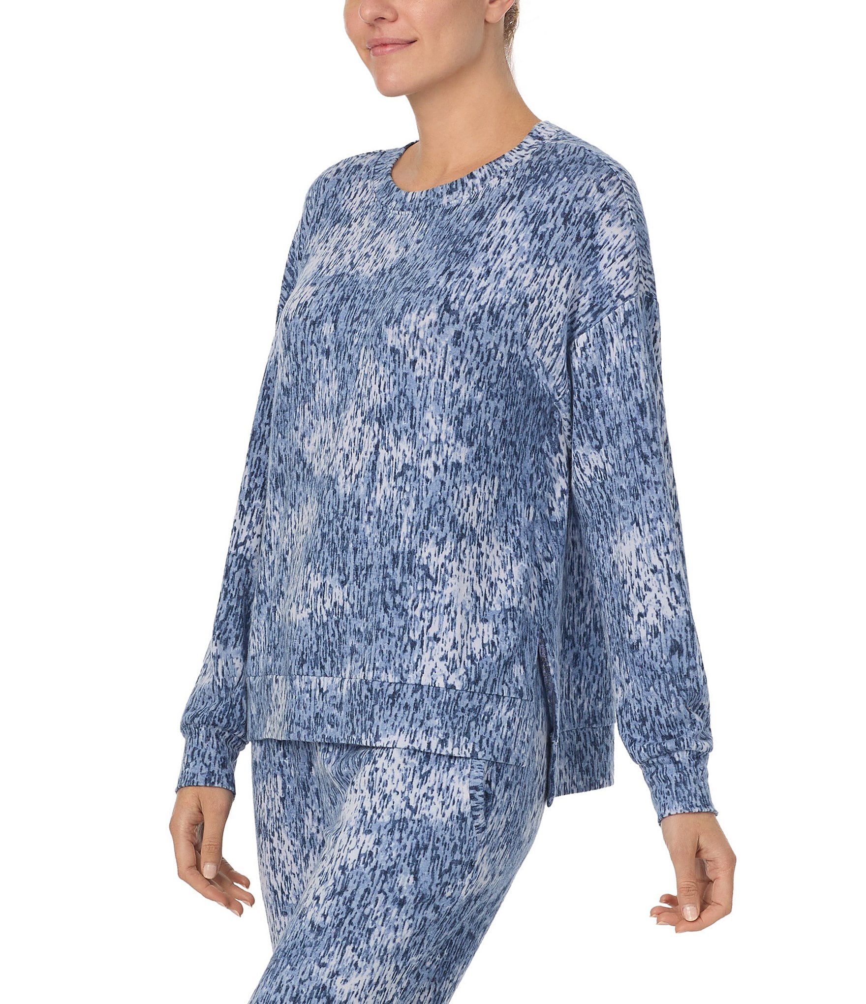 Donna Karan Knit Long Sleeve Round Neck Coordinating Storm Texture Lounge Top