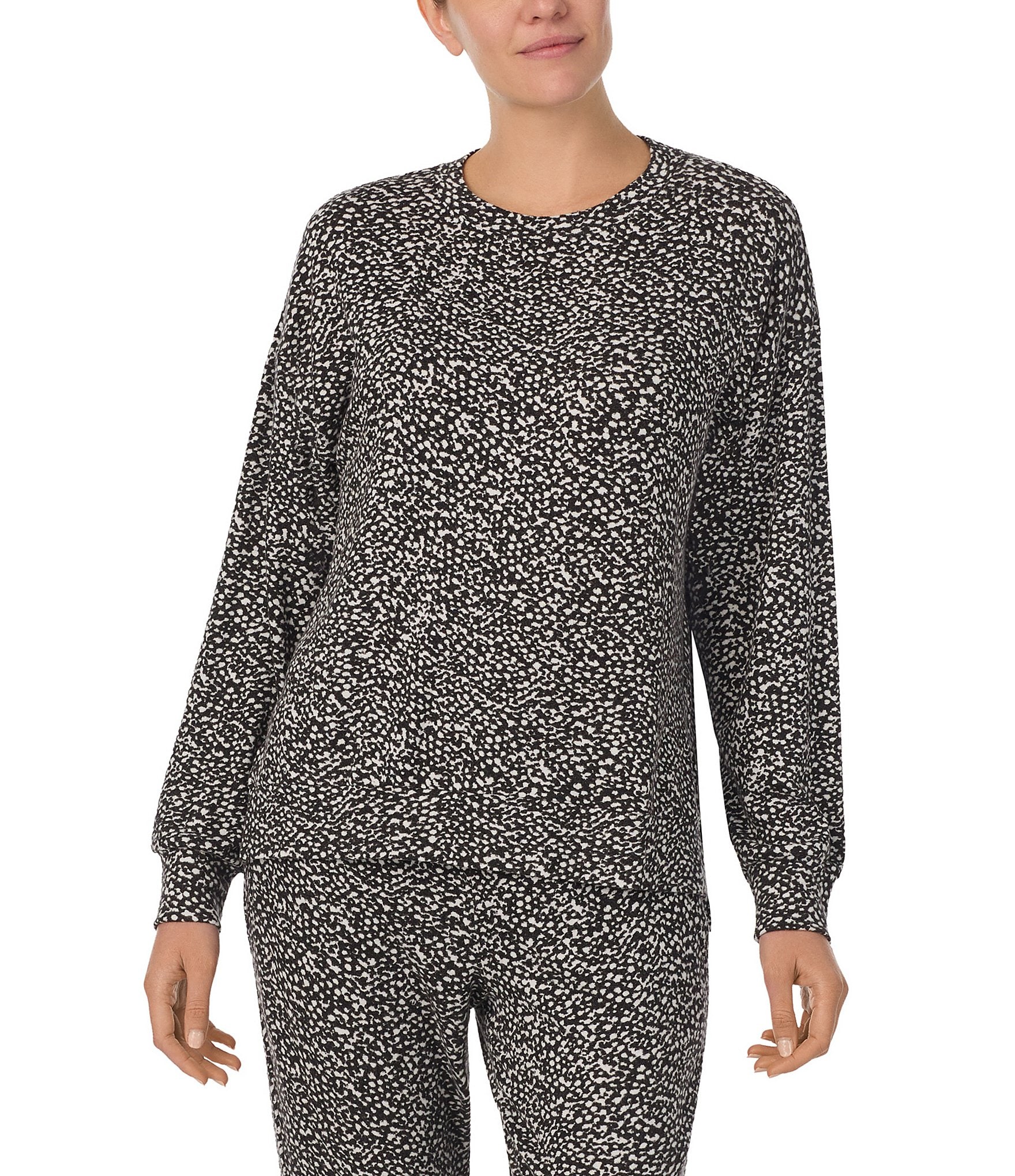 Donna Karan Knit Long Sleeve Round Neck Coordinating Texture Print Lounge Top