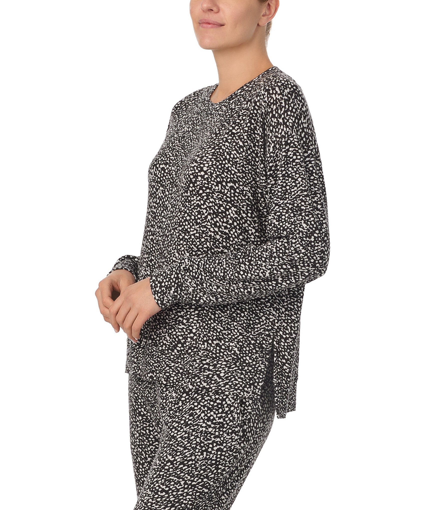 Donna Karan Knit Long Sleeve Round Neck Coordinating Texture Print Lounge Top