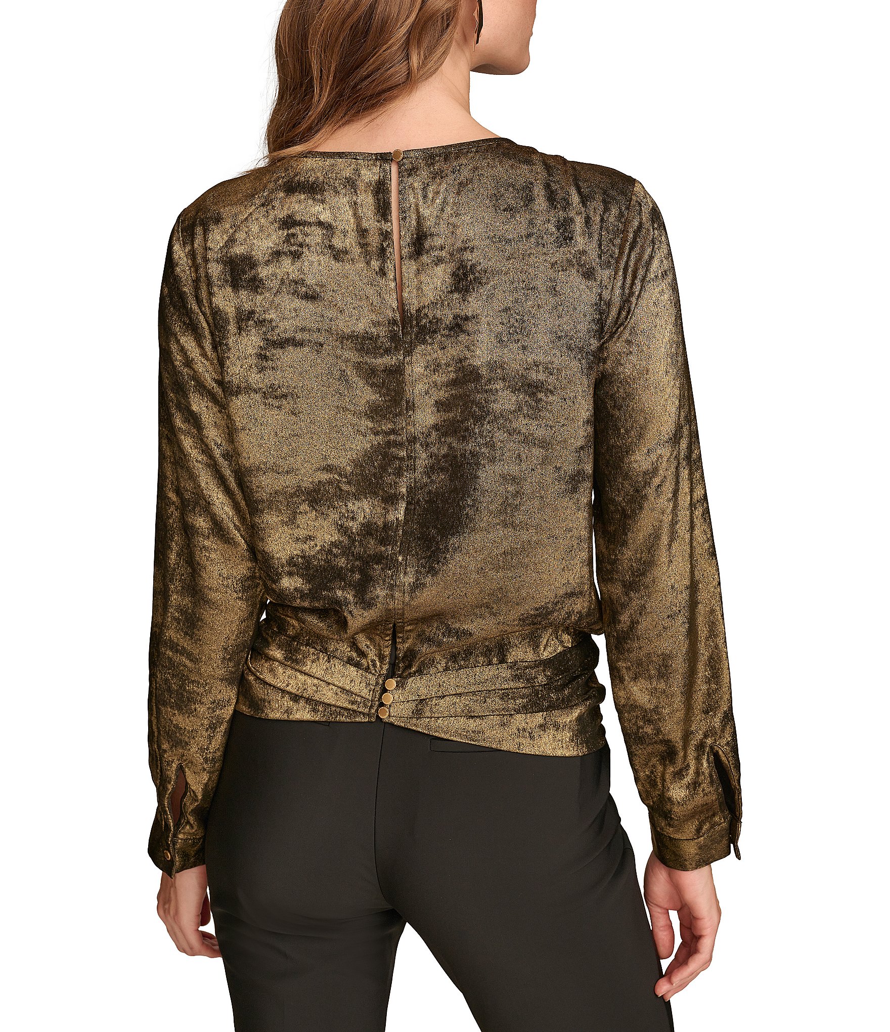 Donna Karan Liquid Foil Crew Neck Long Sleeve Wrap Front Top