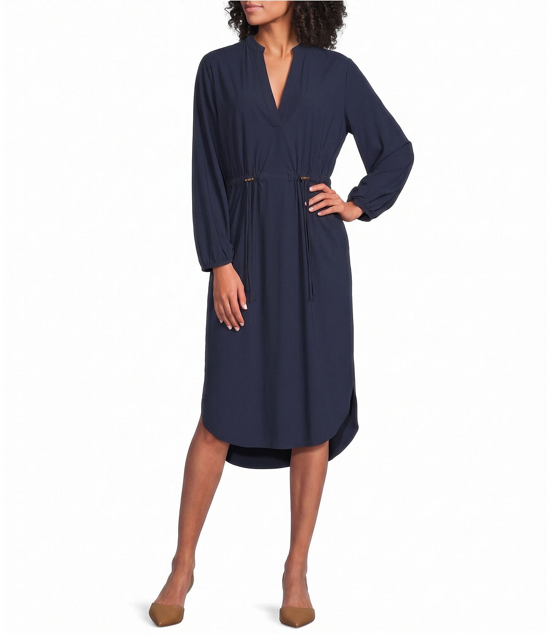 Donna Karan Long Blouson Split Neck Long Sleeve Shirtdress