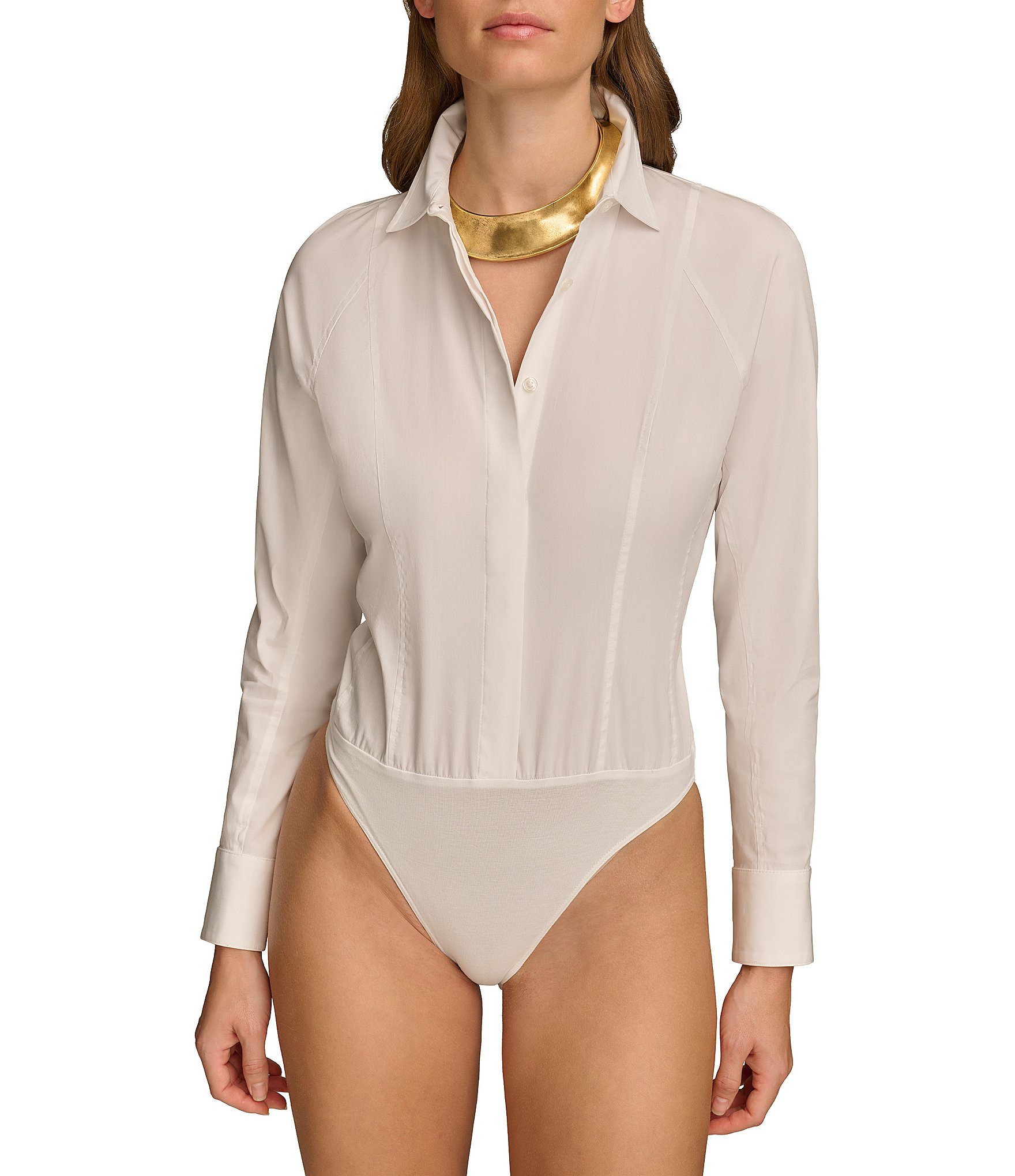 Donna Karan Long Sleeve Collared Button Front Bodysuit