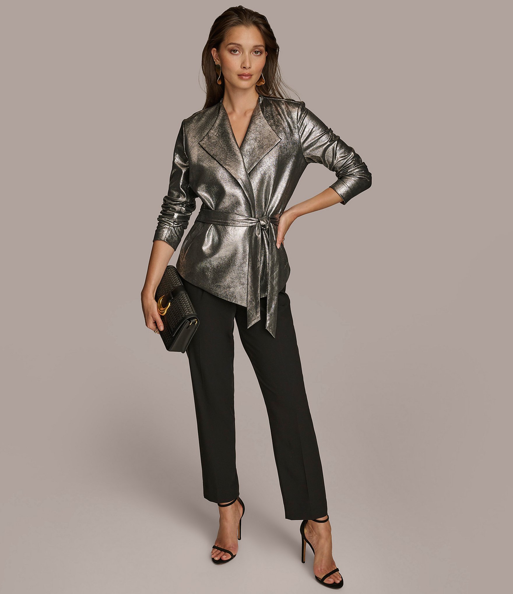 Donna Karan Metallic Wide Notch Lapel Long Sleeve Belted Jacket