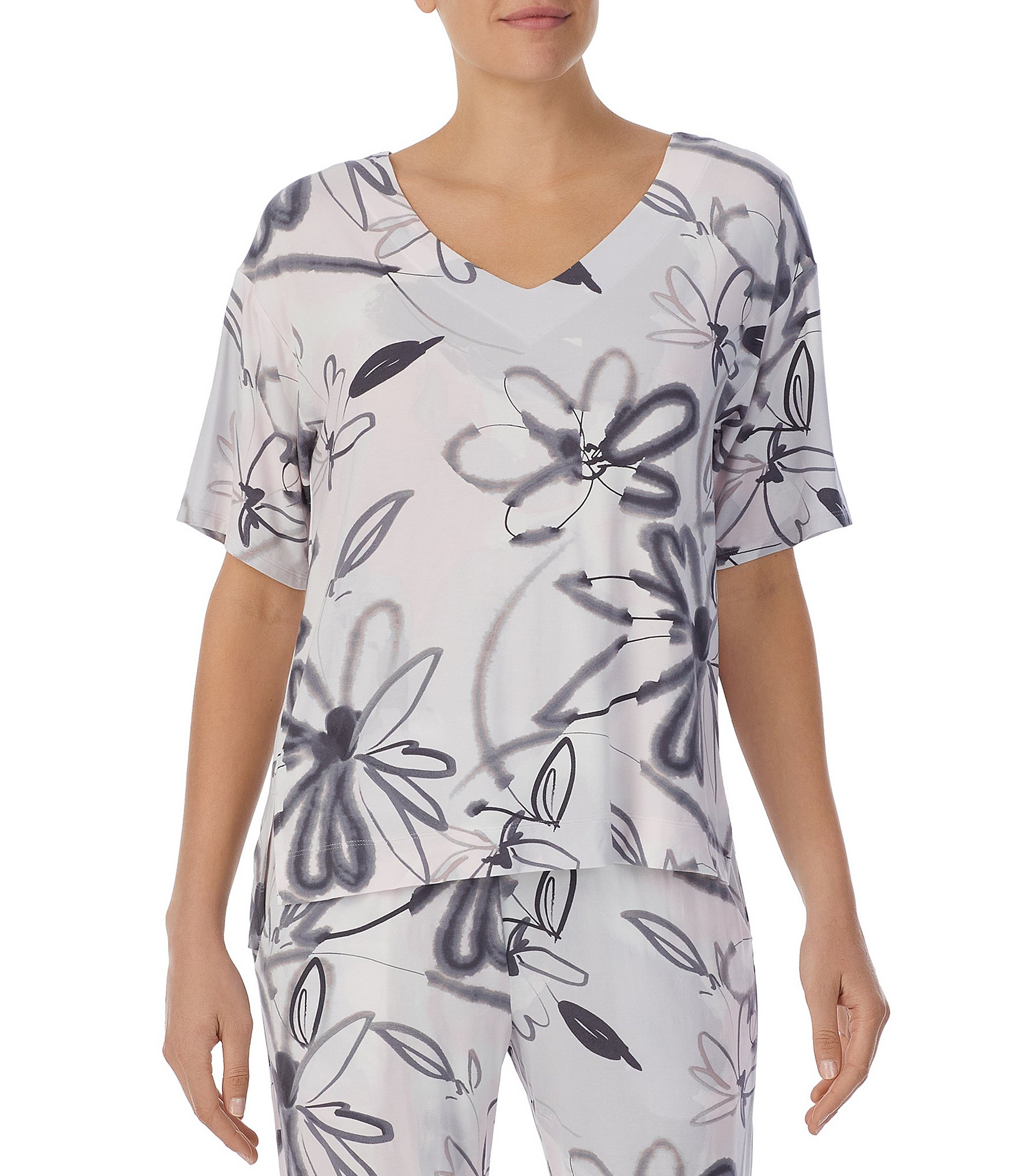 Donna Karan Micro Modal Rose Print Short Sleeve V-Neck Coordinating Lounge  Top