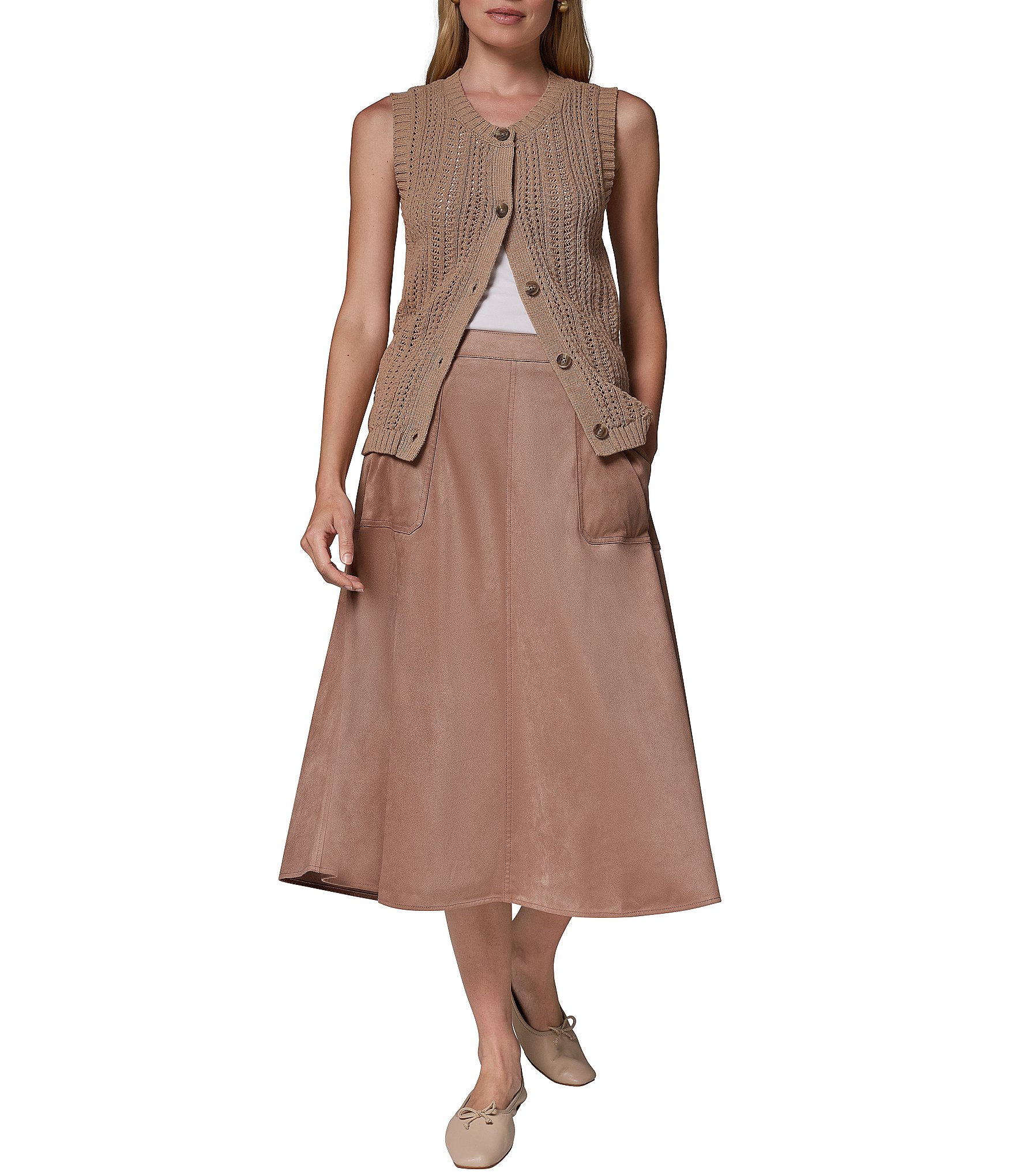 Donna Karan Microsuede A-Line Pull On Midi Skirt