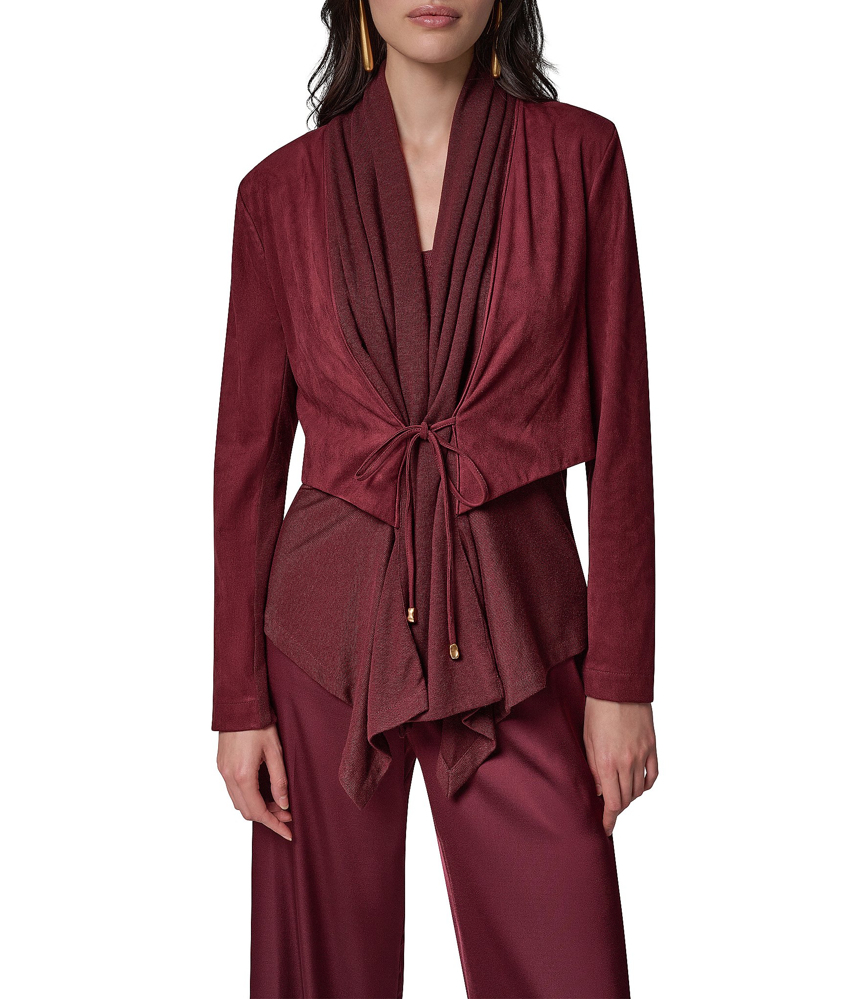 Donna Karan Mixed Media Collared Neck Long Sleeve Belt Tie Coordinating Jacket