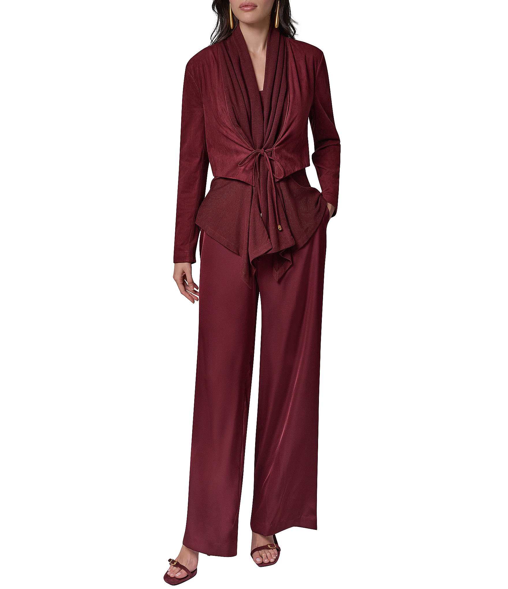 Donna Karan Mixed Media Collared Neck Long Sleeve Belt Tie Coordinating Jacket