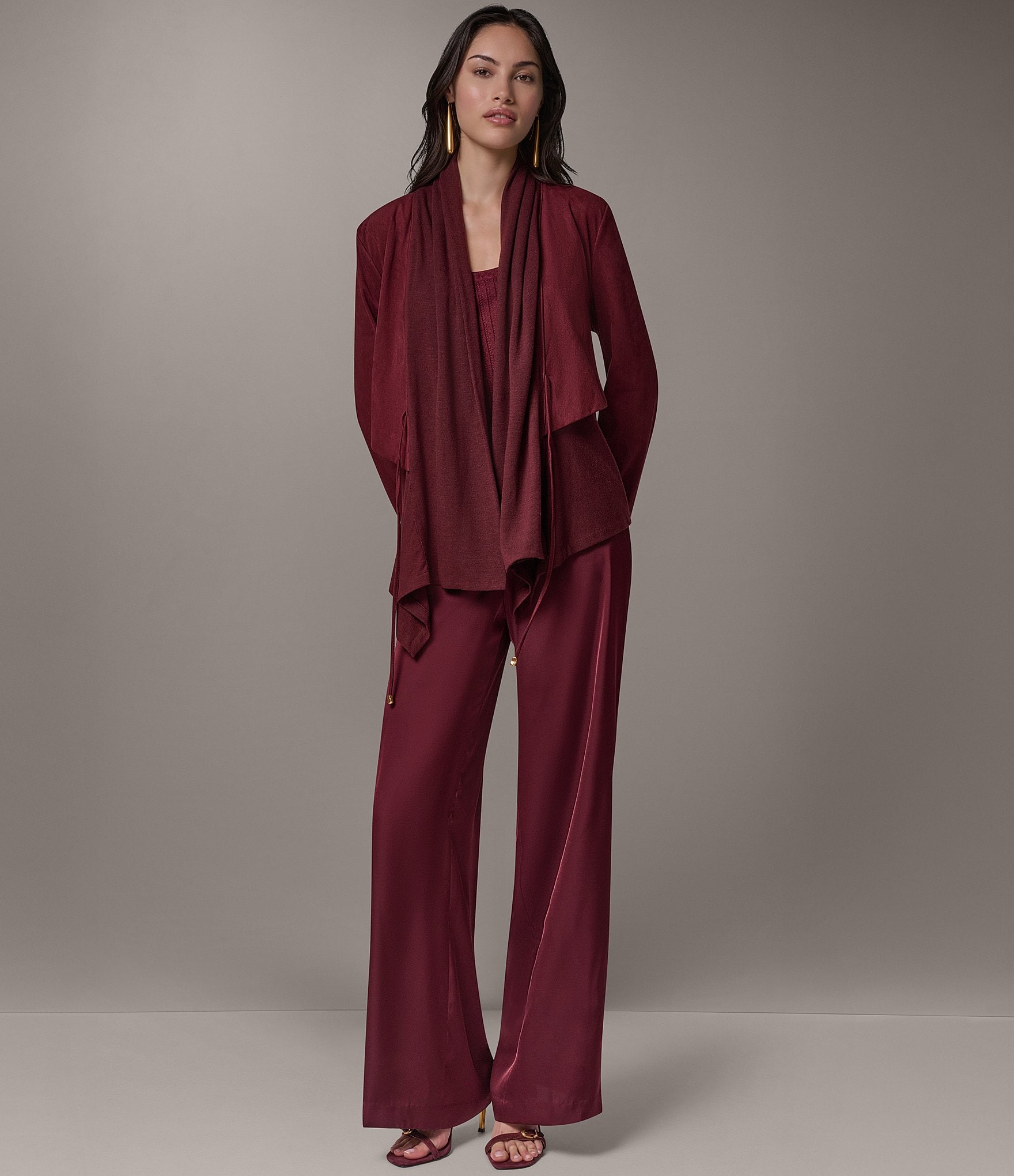 Donna Karan Mixed Media Collared Neck Long Sleeve Belt Tie Coordinating Jacket