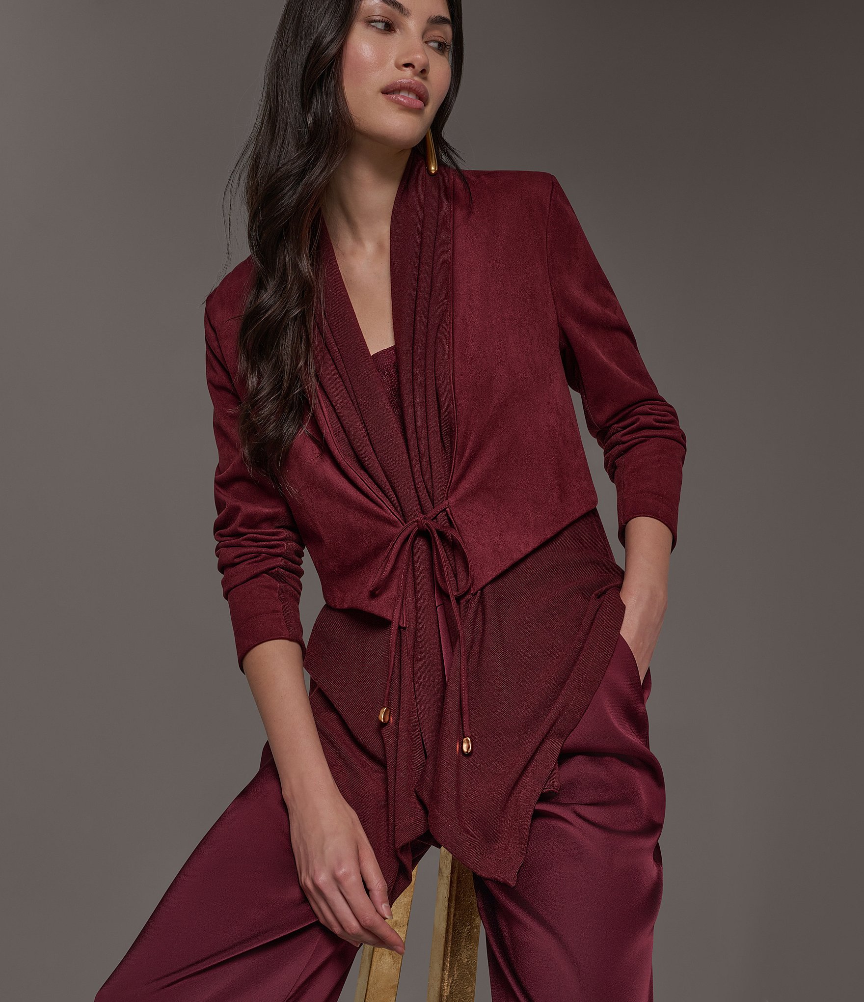 Donna Karan Mixed Media Collared Neck Long Sleeve Belt Tie Coordinating Jacket