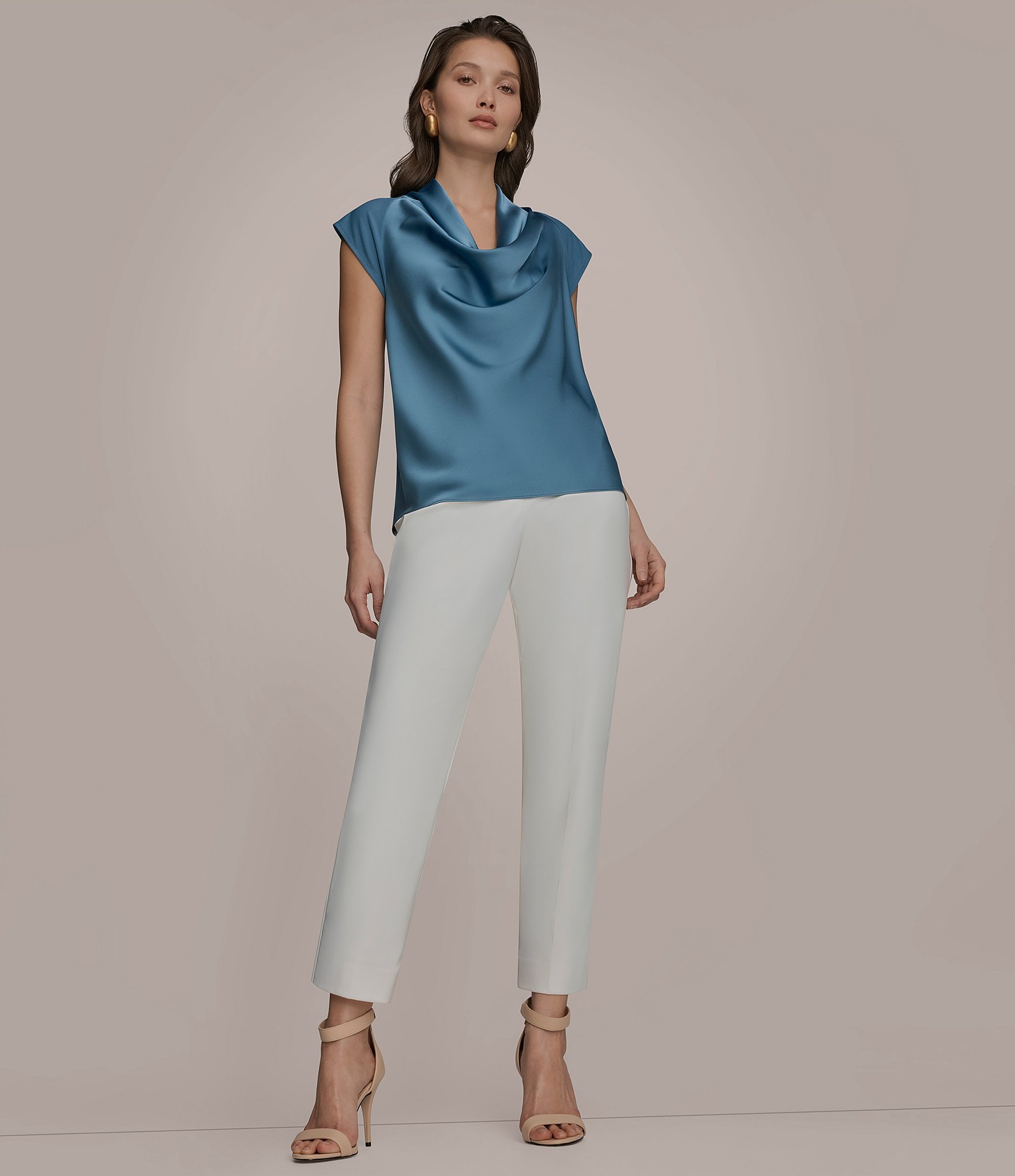 Donna Karan Mixed Media Crepe Jersey Cowl Neck Short Sleeve Blouse