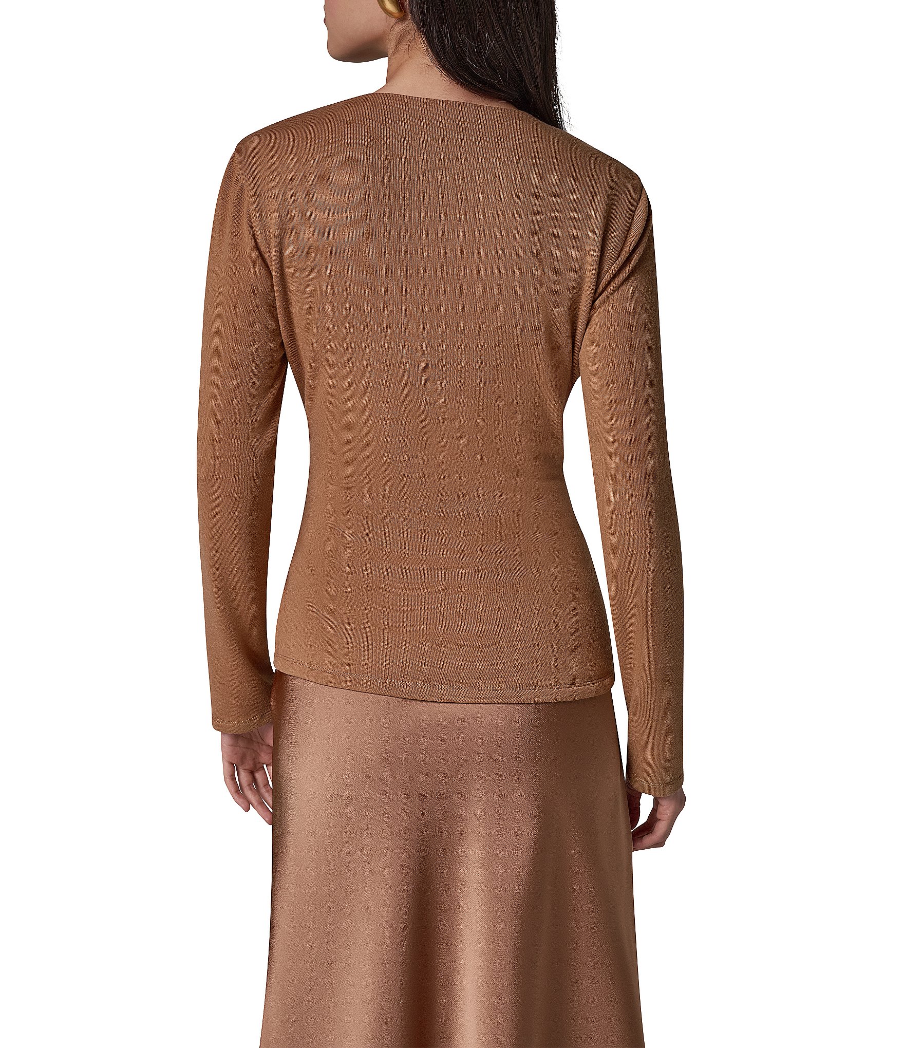 Donna Karan Mixed Media Draped Surplice V-Neck Side Shirred Satin Front Top