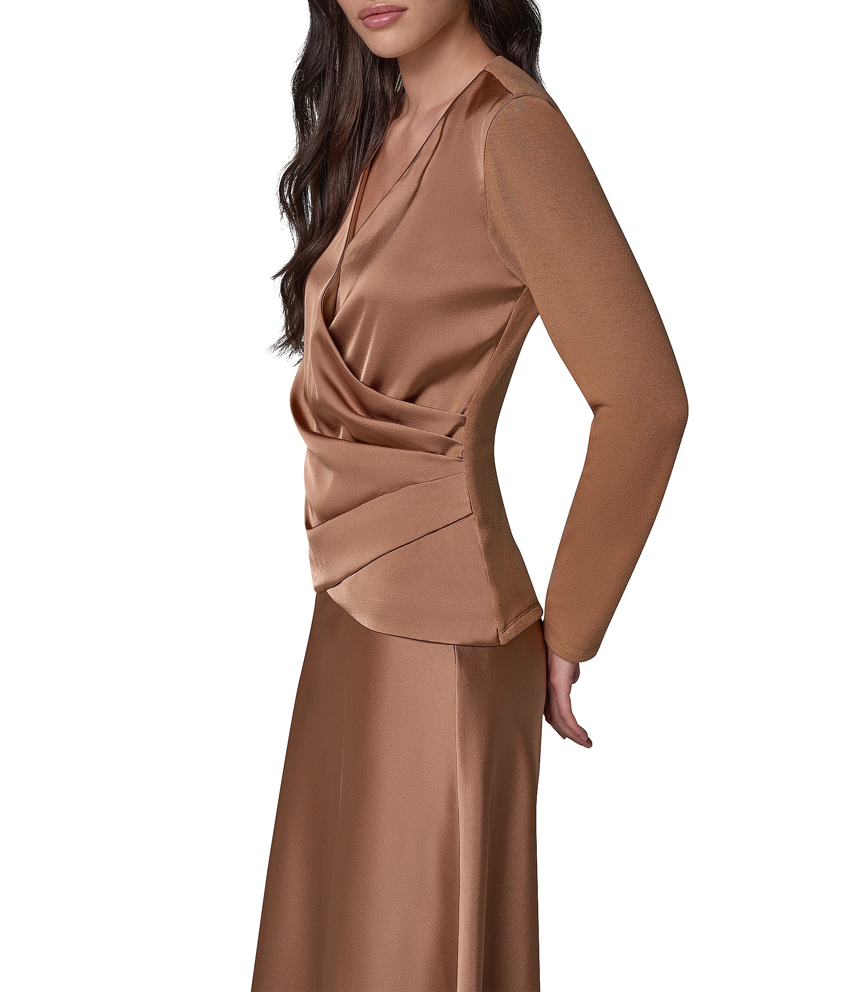 Donna Karan Mixed Media Draped Surplice V-Neck Side Shirred Satin Front Top