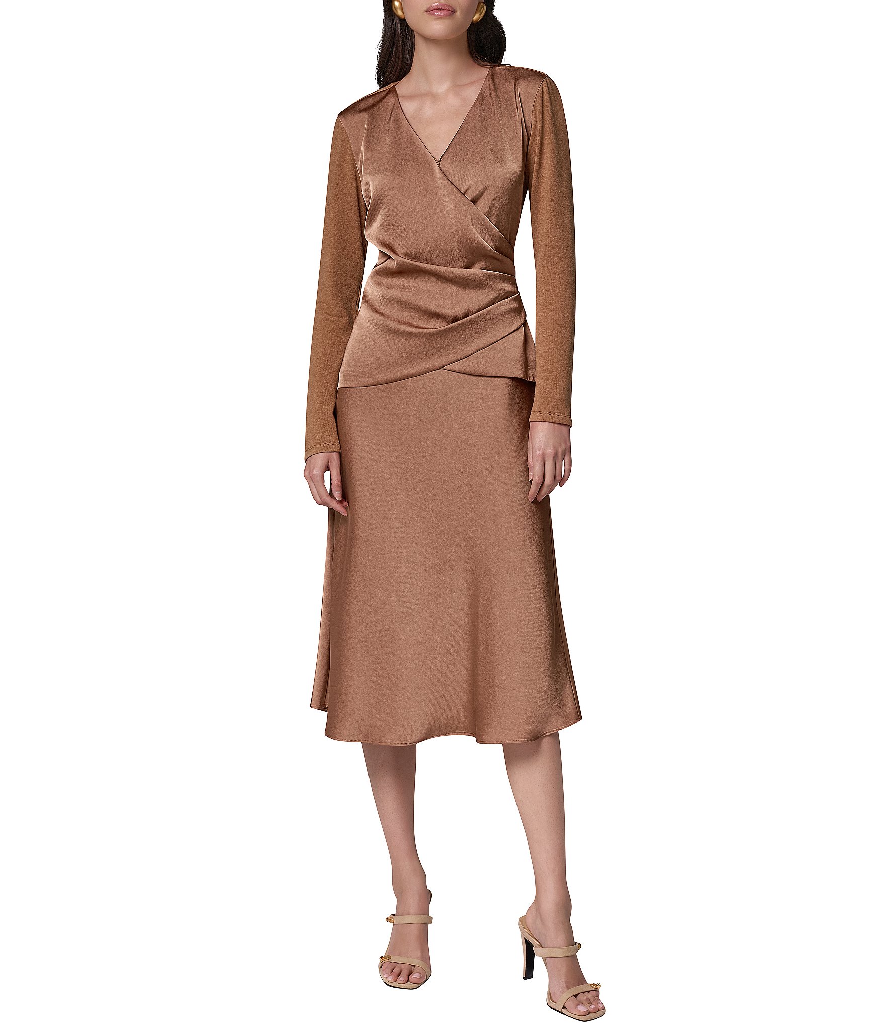 Donna Karan Mixed Media Draped Surplice V-Neck Side Shirred Satin Front Top