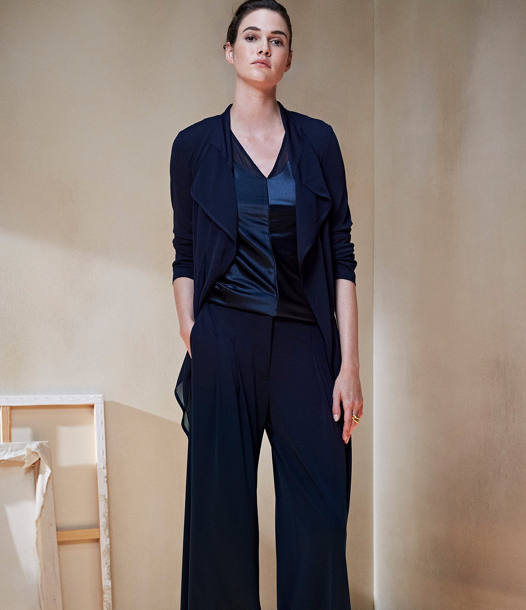 Donna Karan Mixed Media Ruffle Front Long Sleeve Jacket