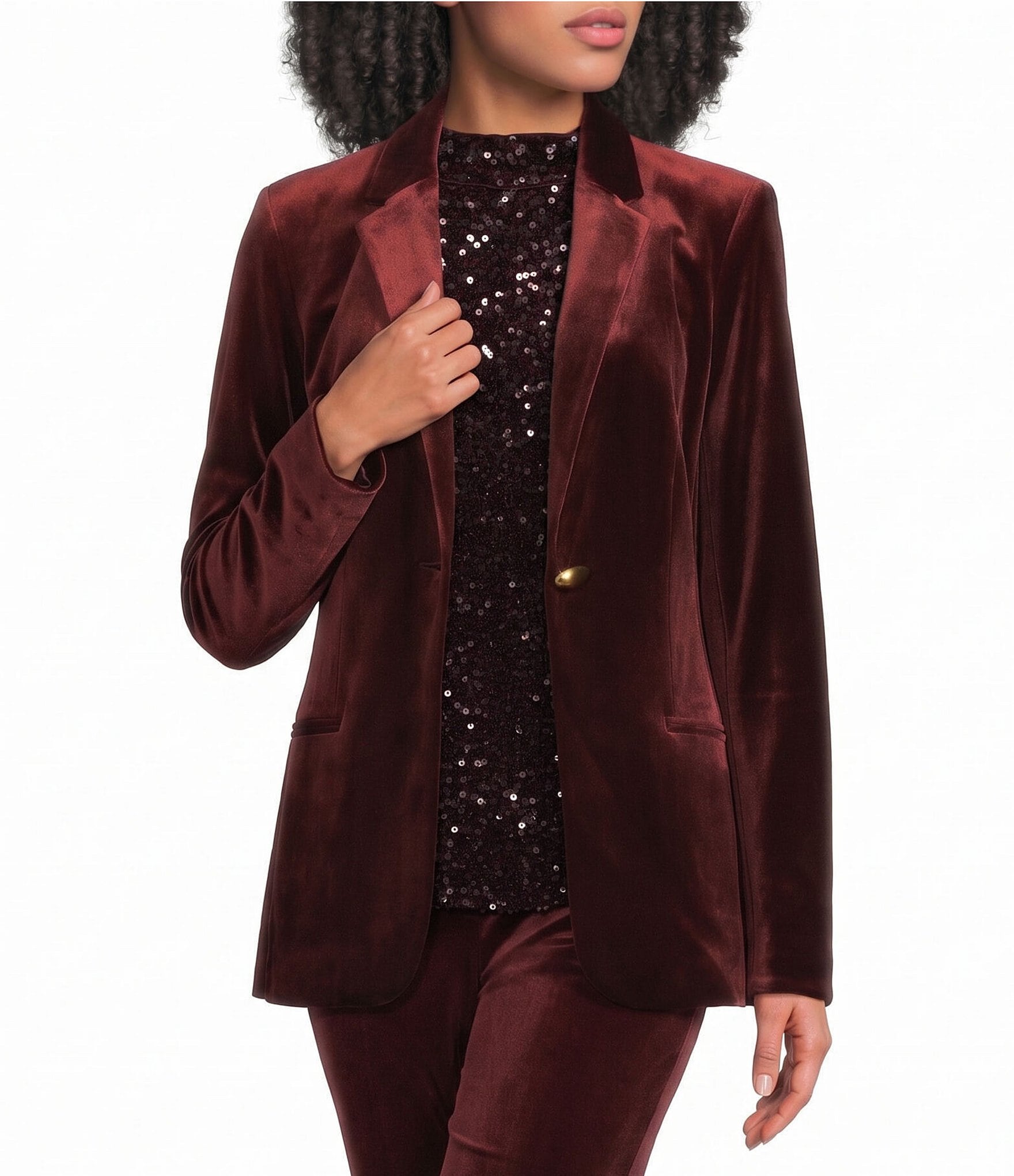 Donna Karan One Button Notch Collar Long Sleeve Velvet Jacket
