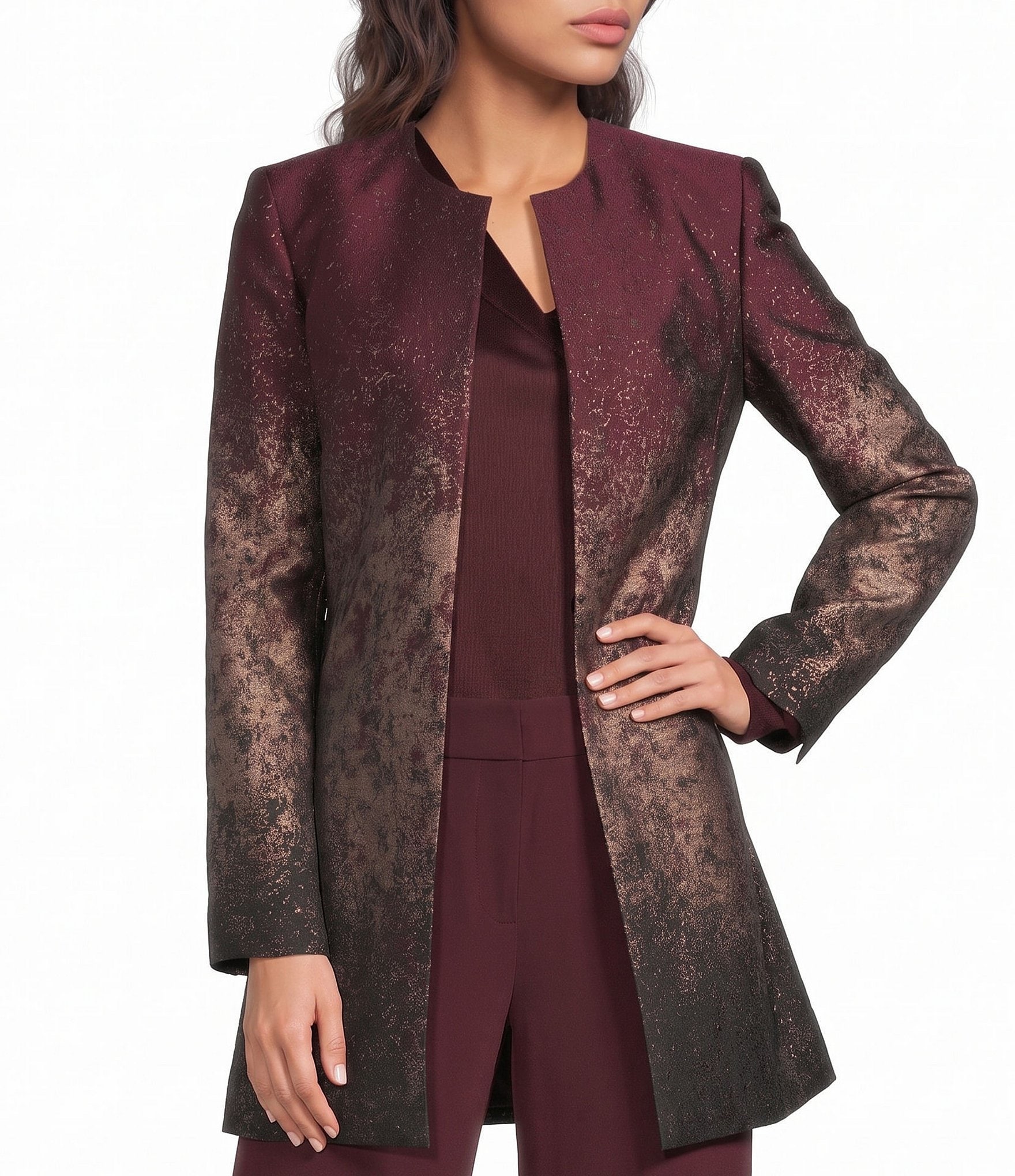 Donna Karan Open Front Metallic Abstract Print Long Sleeve Topper