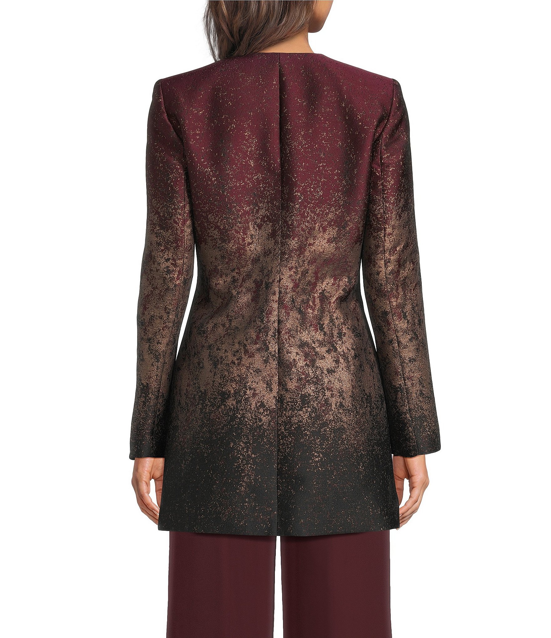 Donna Karan Open Front Metallic Abstract Print Long Sleeve Topper
