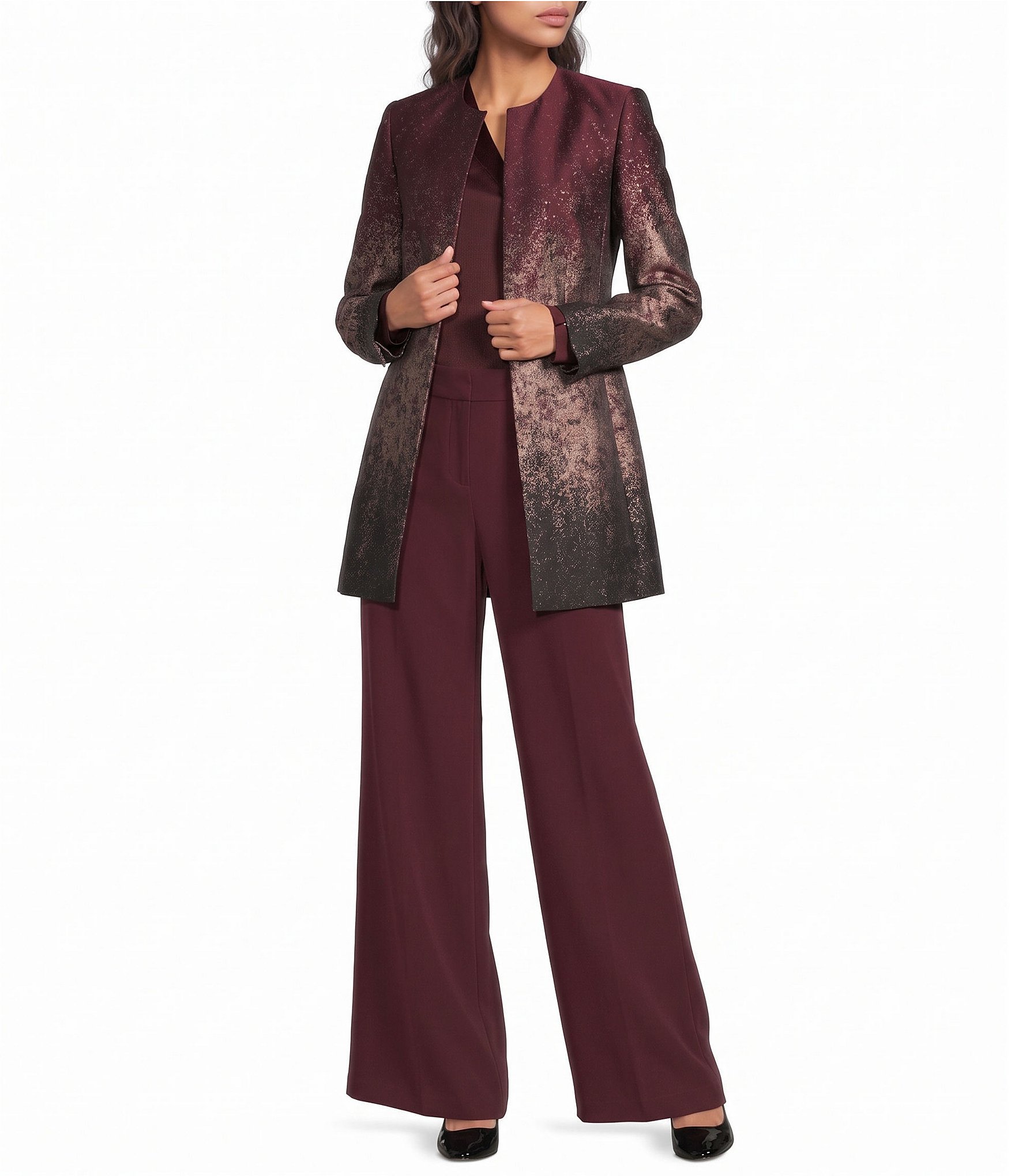 Donna Karan Open Front Metallic Abstract Print Long Sleeve Topper