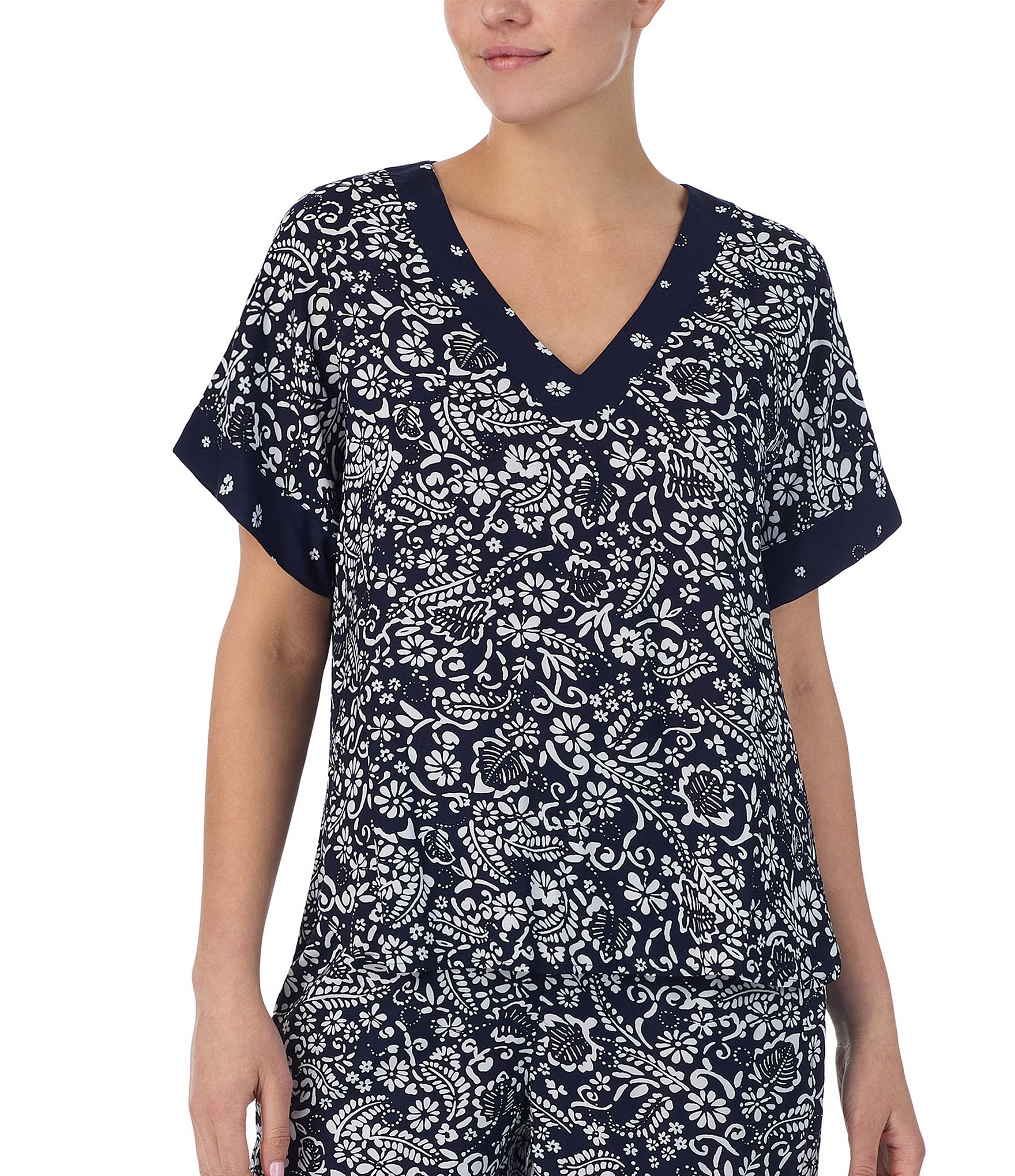 Donna Karan Paisley Print Short Sleeve V-Neck Seersucker Coordinating Sleep Top