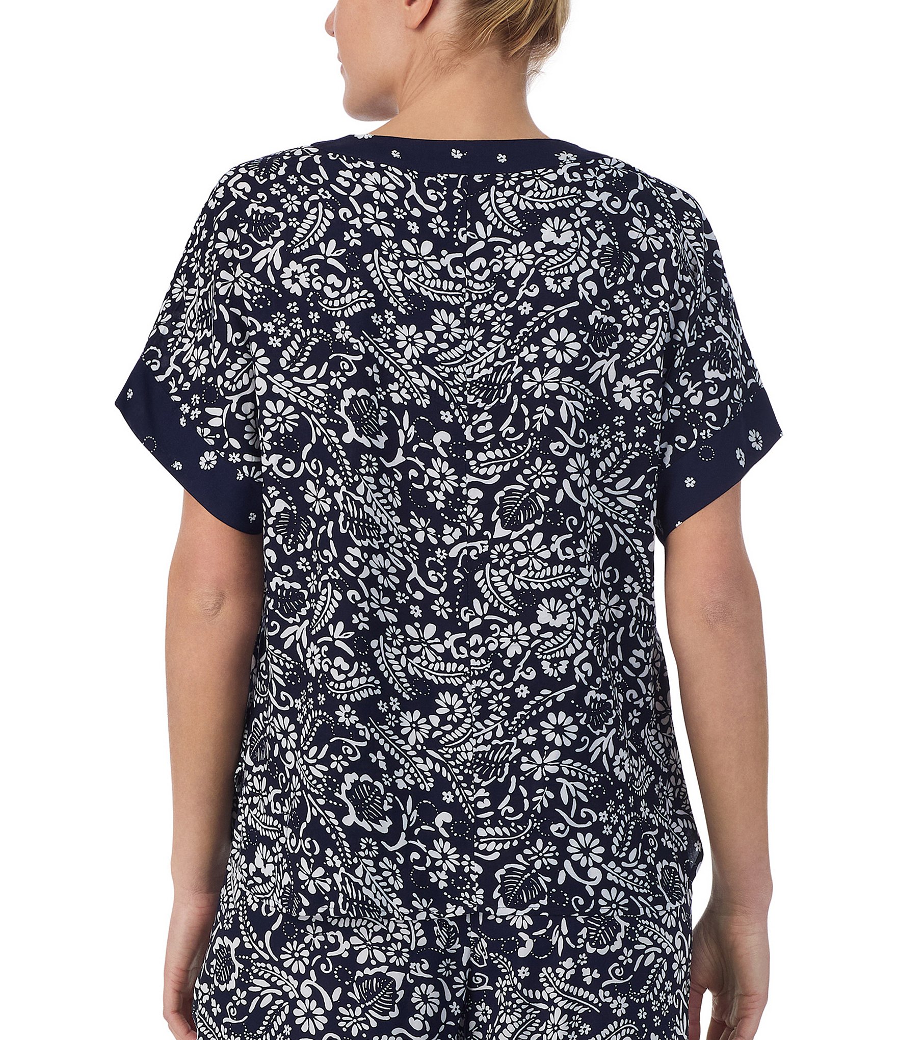 Donna Karan Paisley Print Short Sleeve V-Neck Seersucker Coordinating Sleep Top