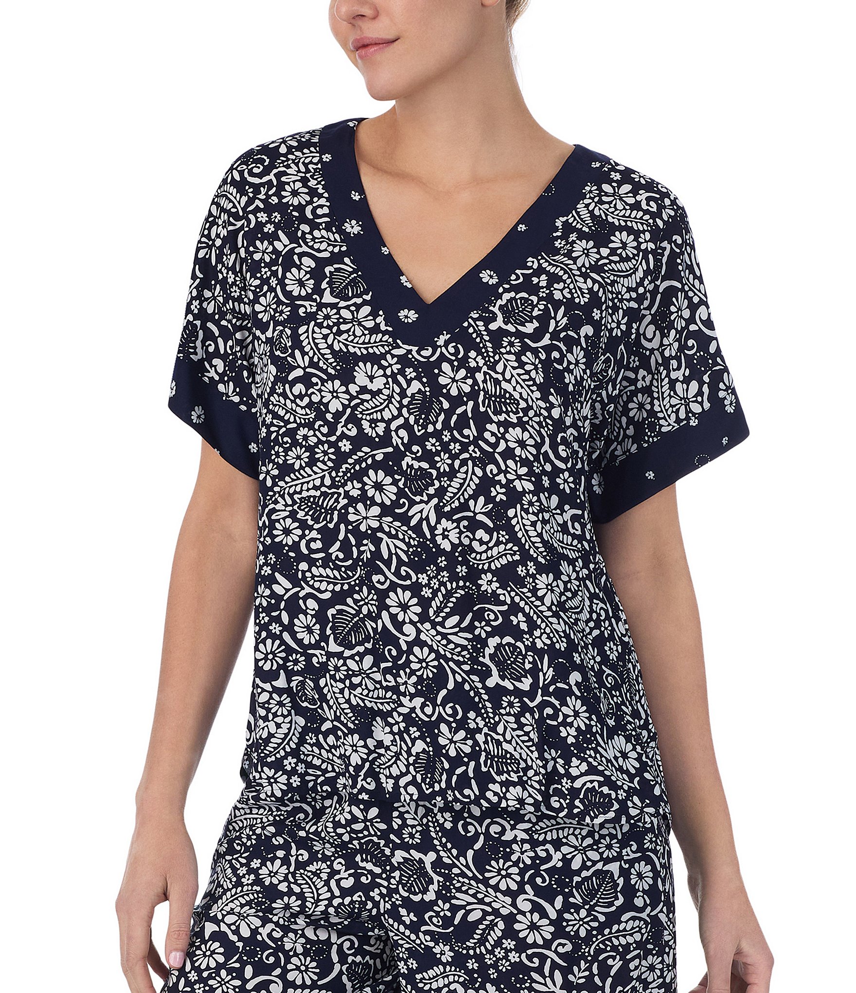 Donna Karan Paisley Print Short Sleeve V-Neck Seersucker Coordinating Sleep Top