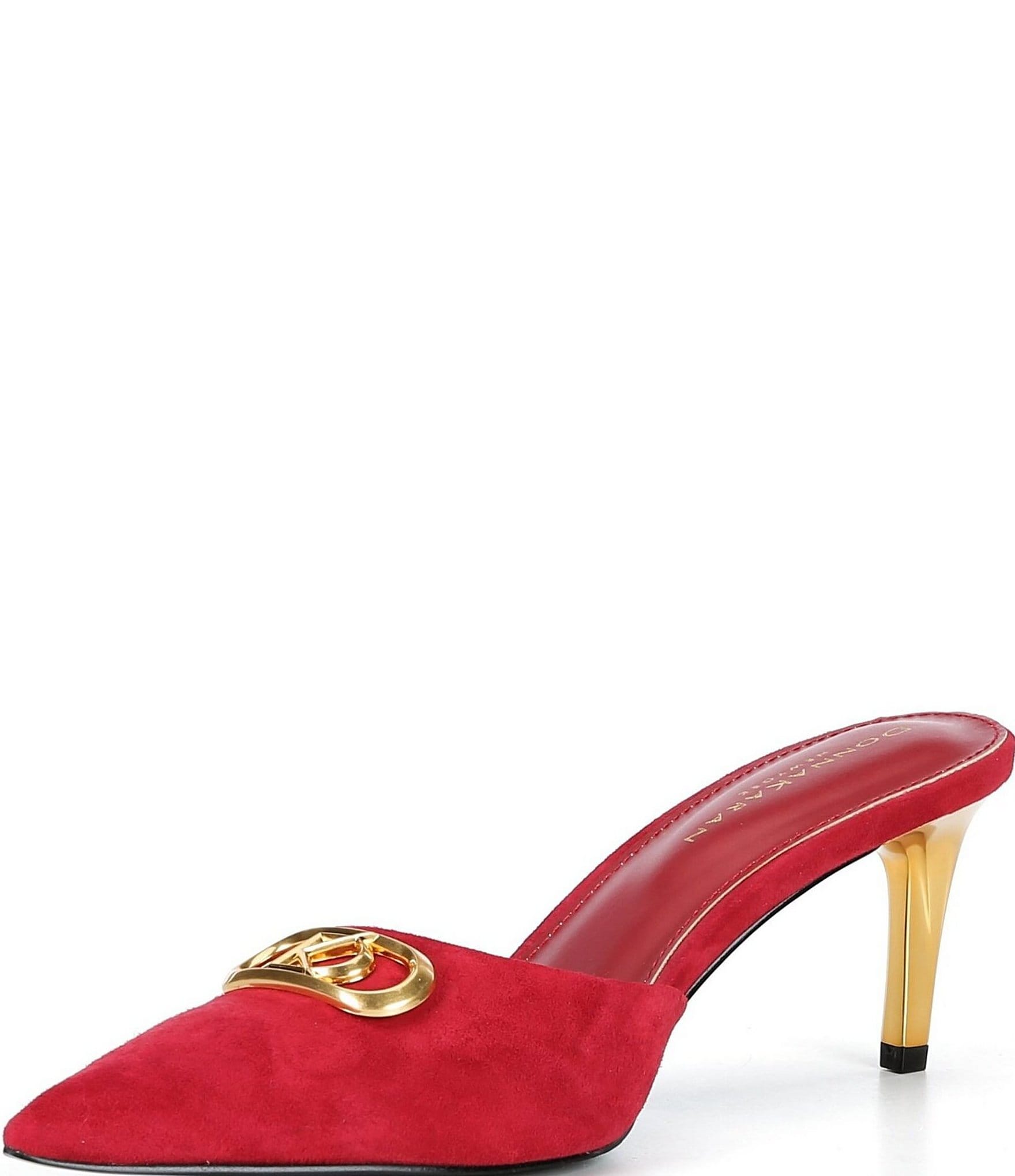 Donna Karan Pearl Ornamented Suede Metallic Kitten Heel Mules