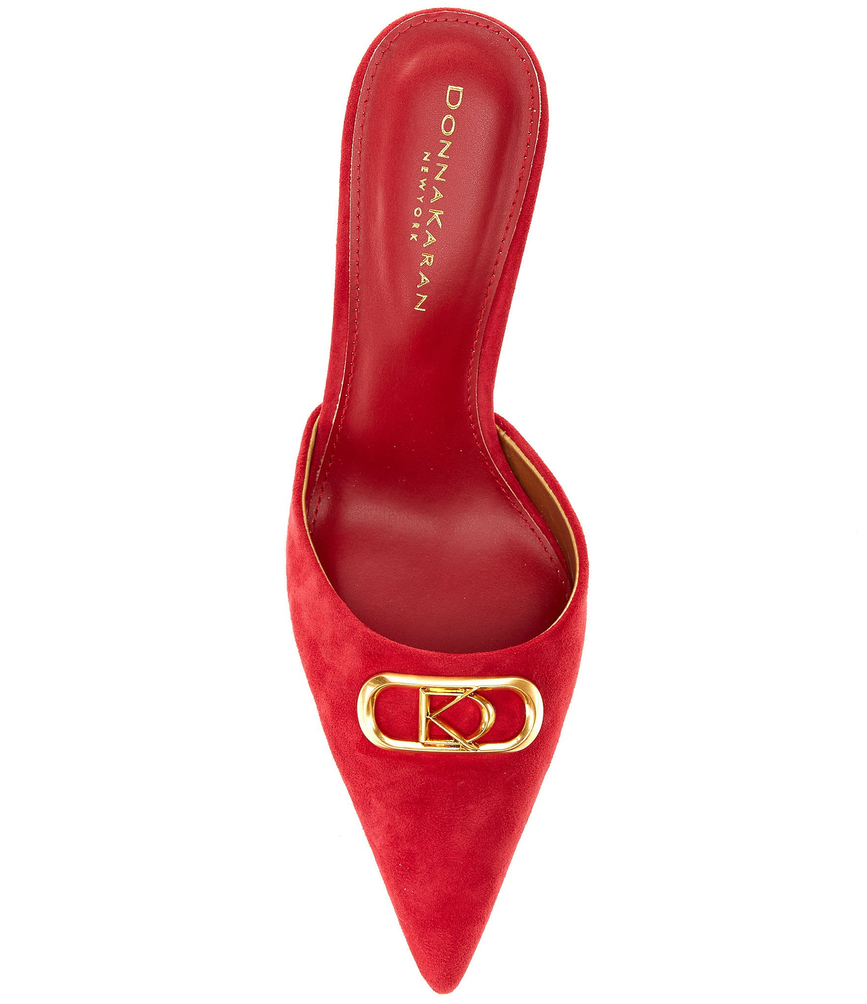 Donna Karan Pearl Ornamented Suede Metallic Kitten Heel Mules